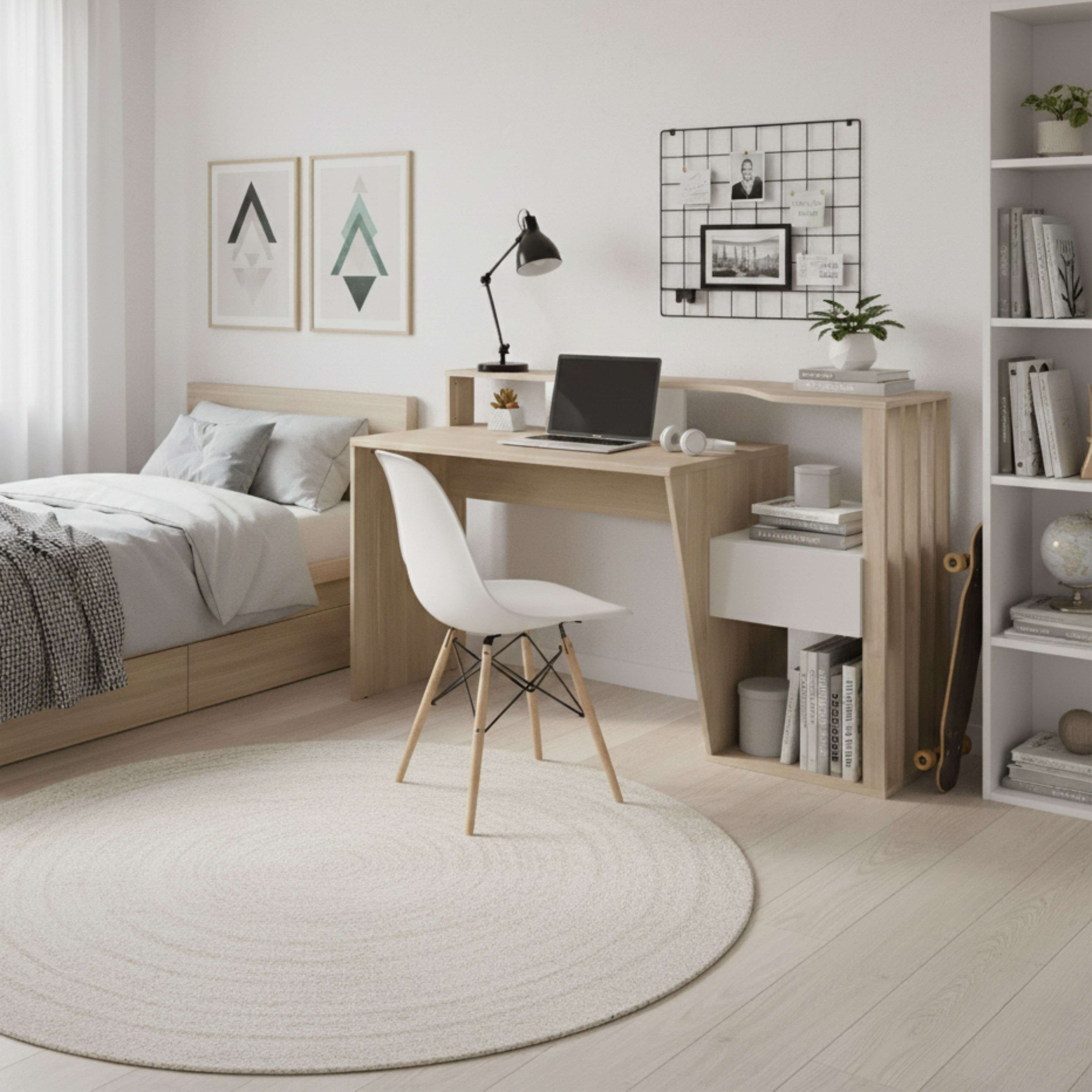 Un dormitorio con cama, escritorio, silla y estantería. Decoración moderna.