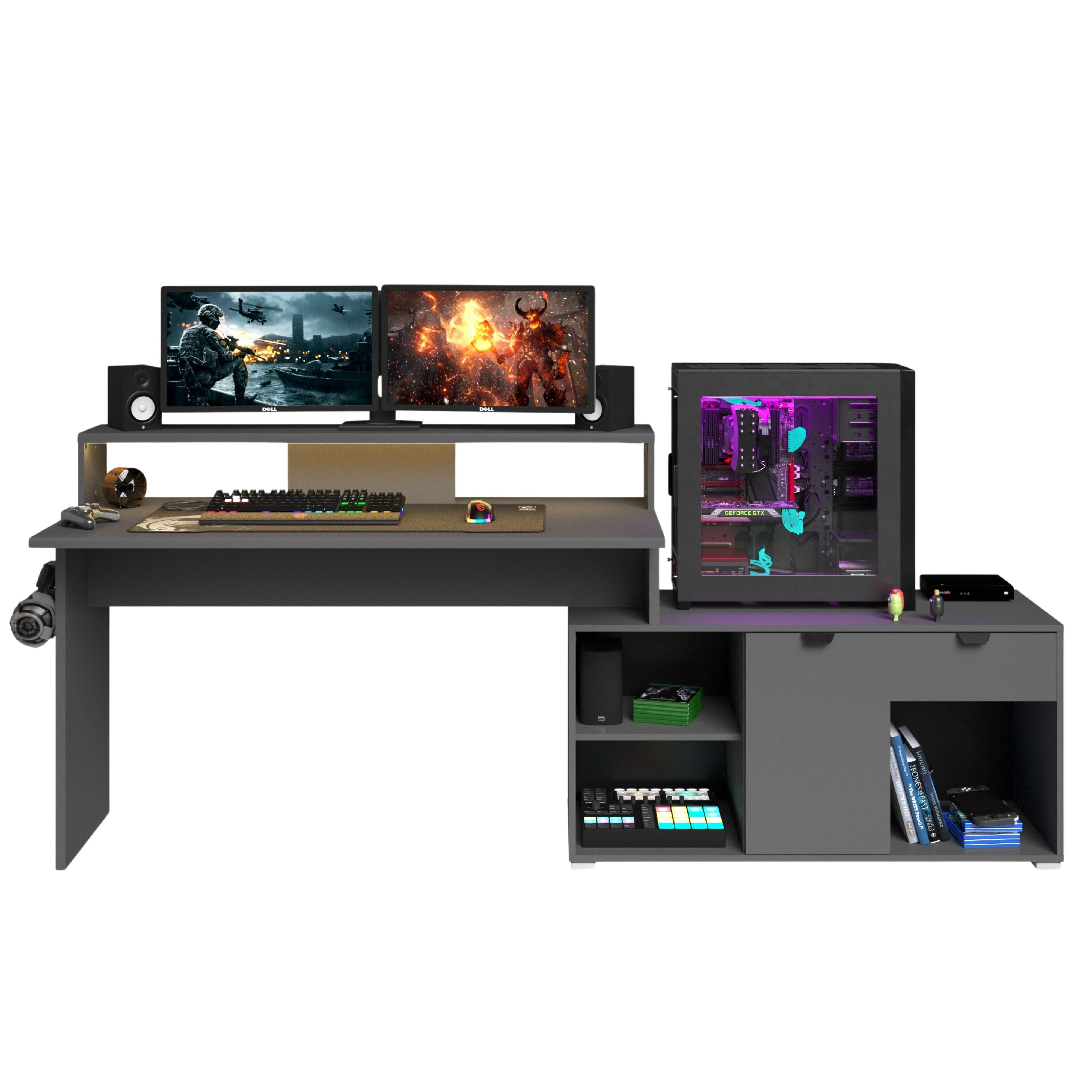 Un escritorio de juegos gris con dos monitores, teclado, ratón, PC y altavoces.