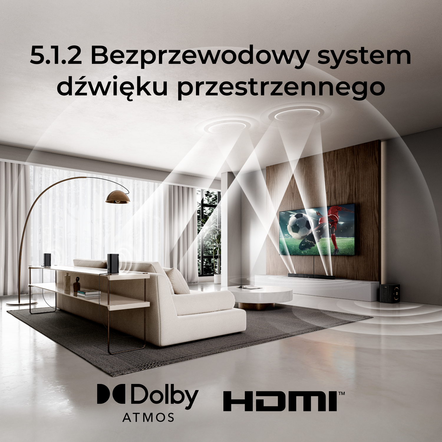 Nowoczesny salon z Dolby Atmos, HDMI i dźwiękiem przestrzennym 5.1.2.
