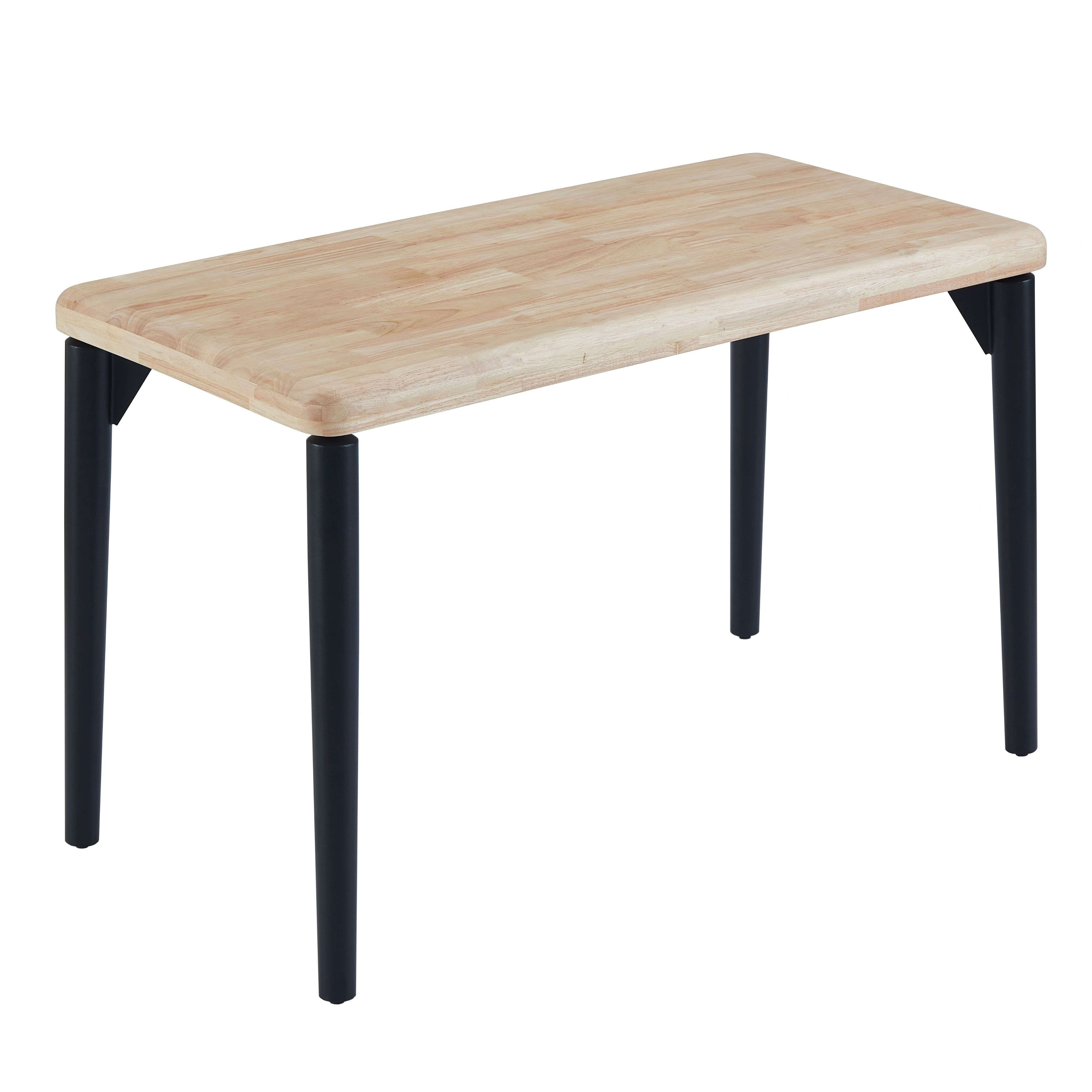 Una mesa rectangular de madera con esquinas redondeadas y cuatro patas negras.