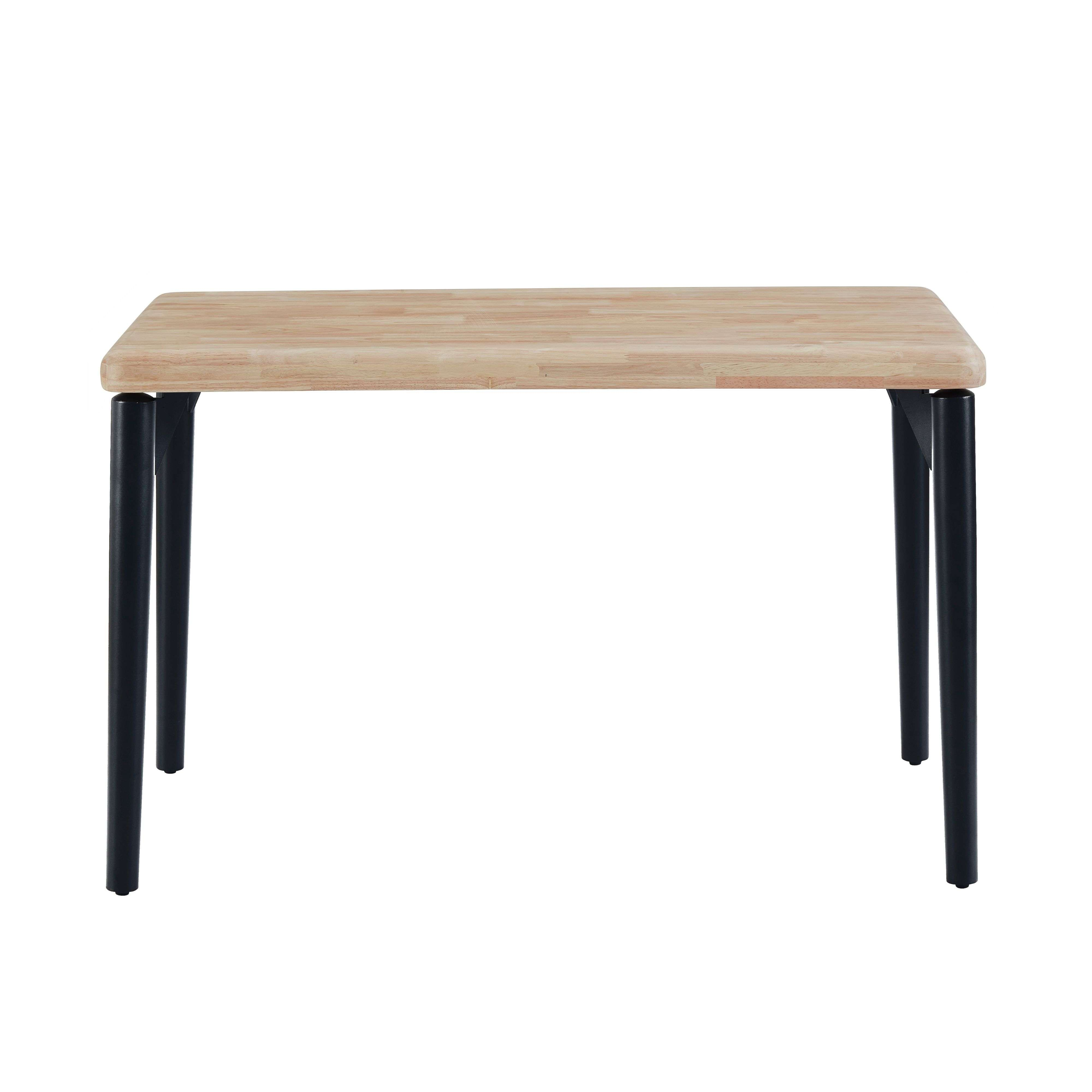 Una mesa rectangular de madera con veta de madera y patas negras.