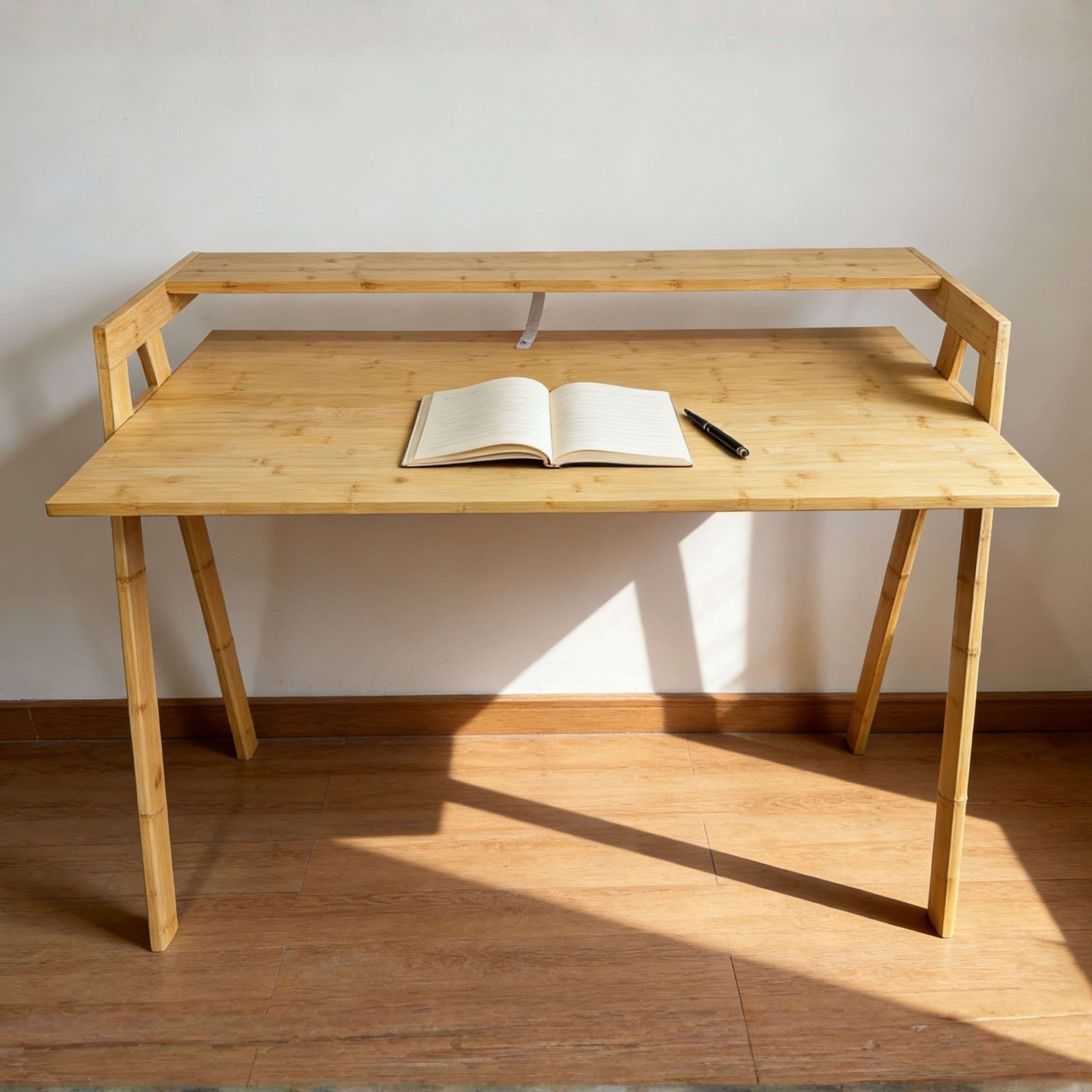 Un cuaderno abierto y un bolígrafo sobre un escritorio de madera con estante.