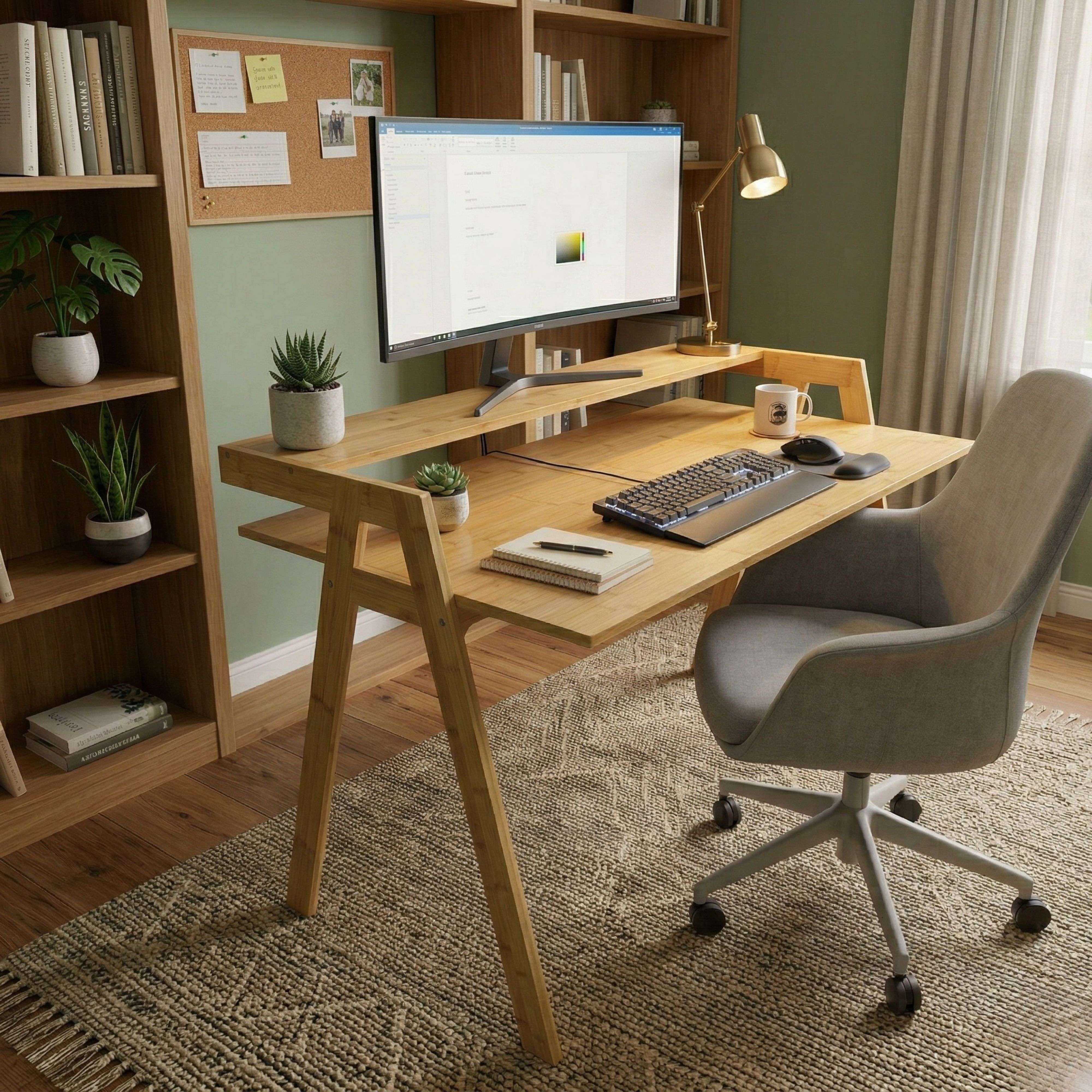 Un escritorio de madera con computadora, teclado, ratón, lámpara y silla en una habitación.