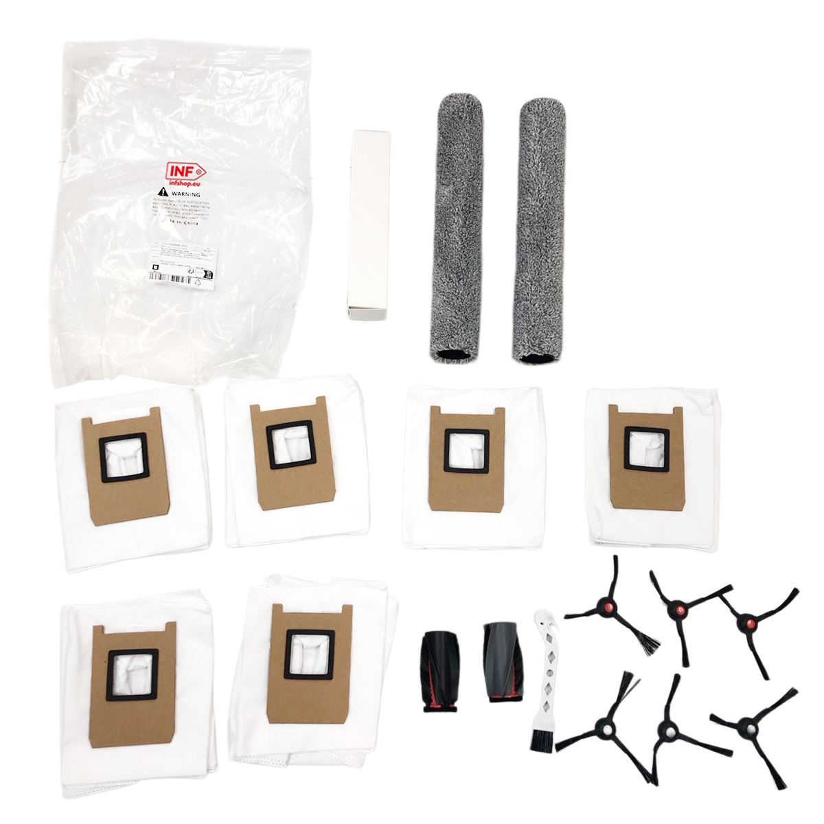 Stofzuigeraccessoires: stofzakken, rollen, borstels, witte doos.