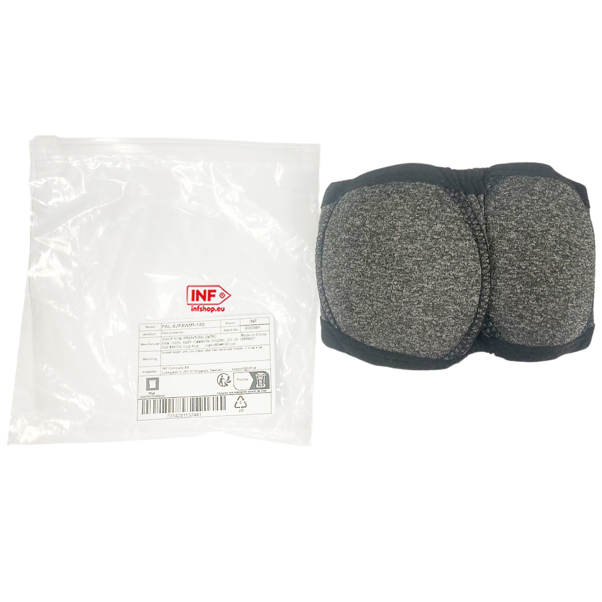 A gray padded butt protector next to a clear plastic bag with product information.