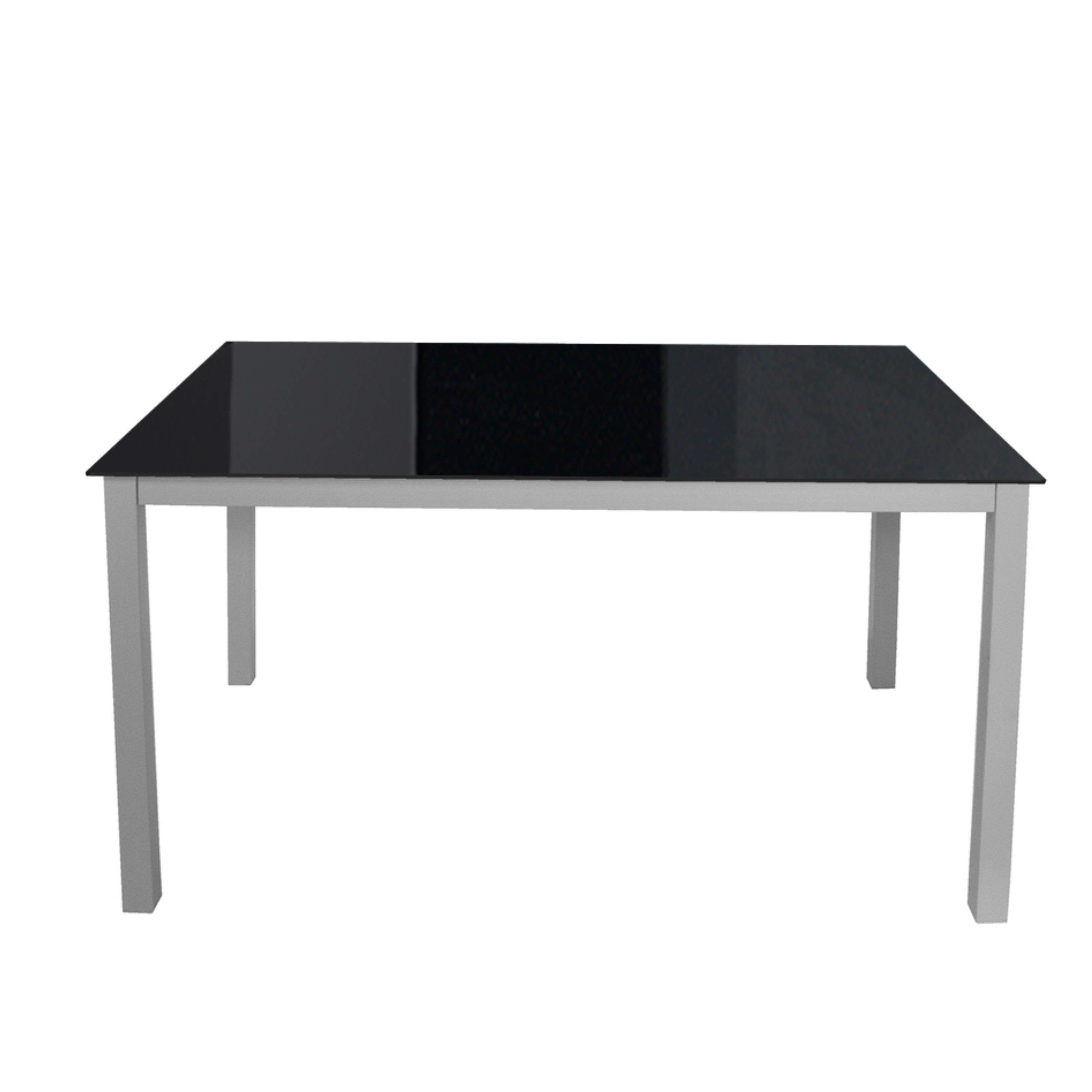 Una mesa rectangular con tablero de cristal negro y patas plateadas.