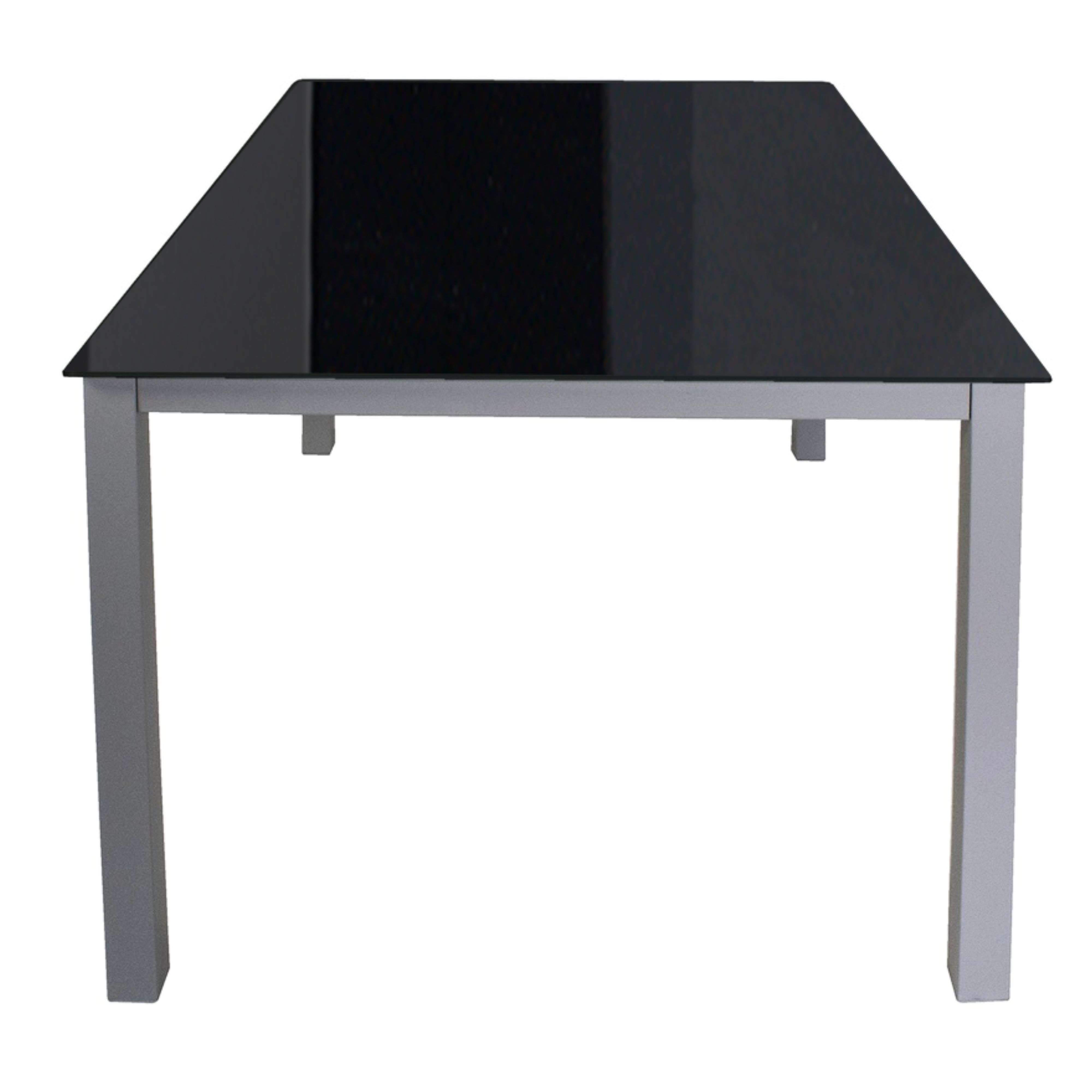 Mesa rectangular con tapa de cristal negro y patas de metal plateado.