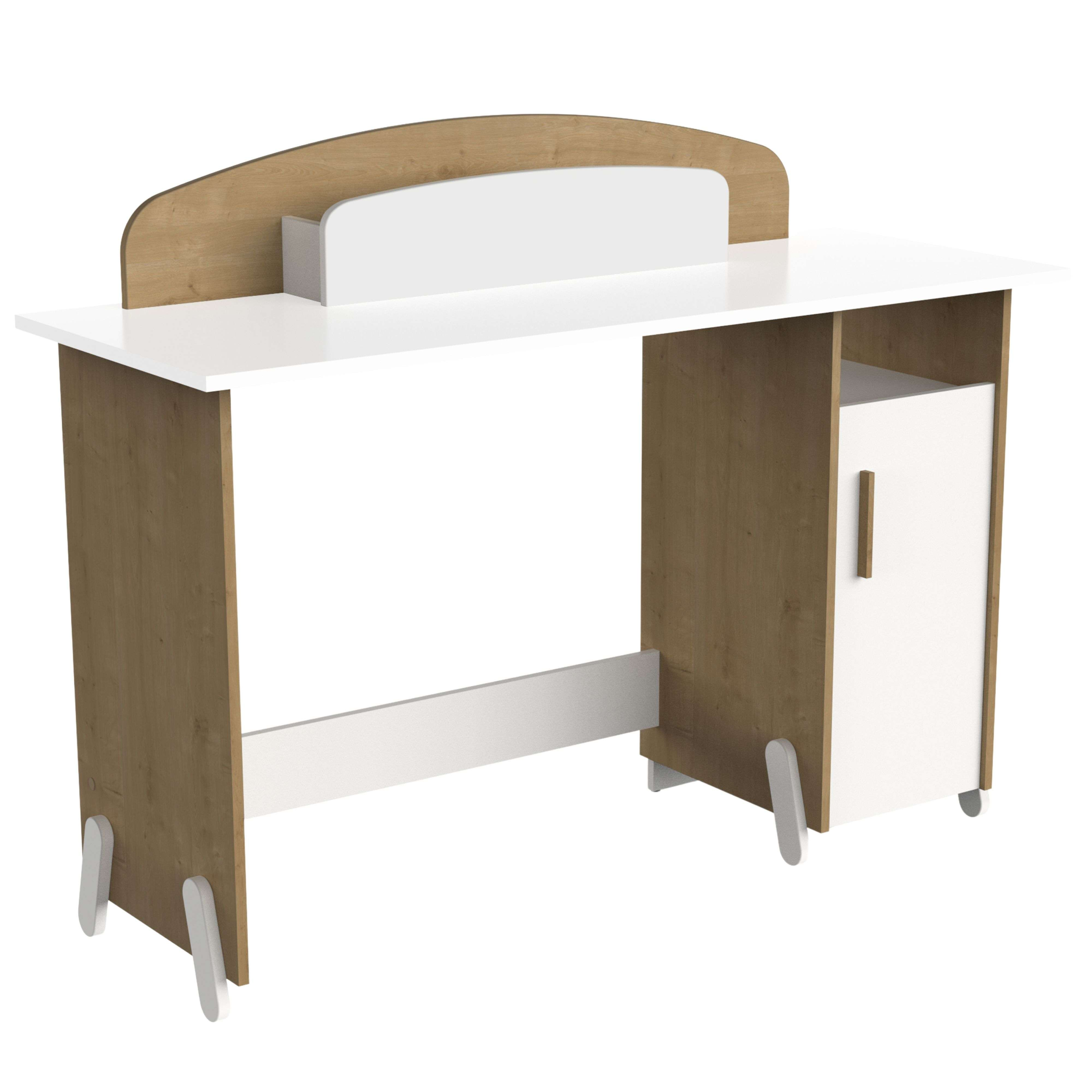 Un escritorio blanco con detalles de madera y un armario lateral.