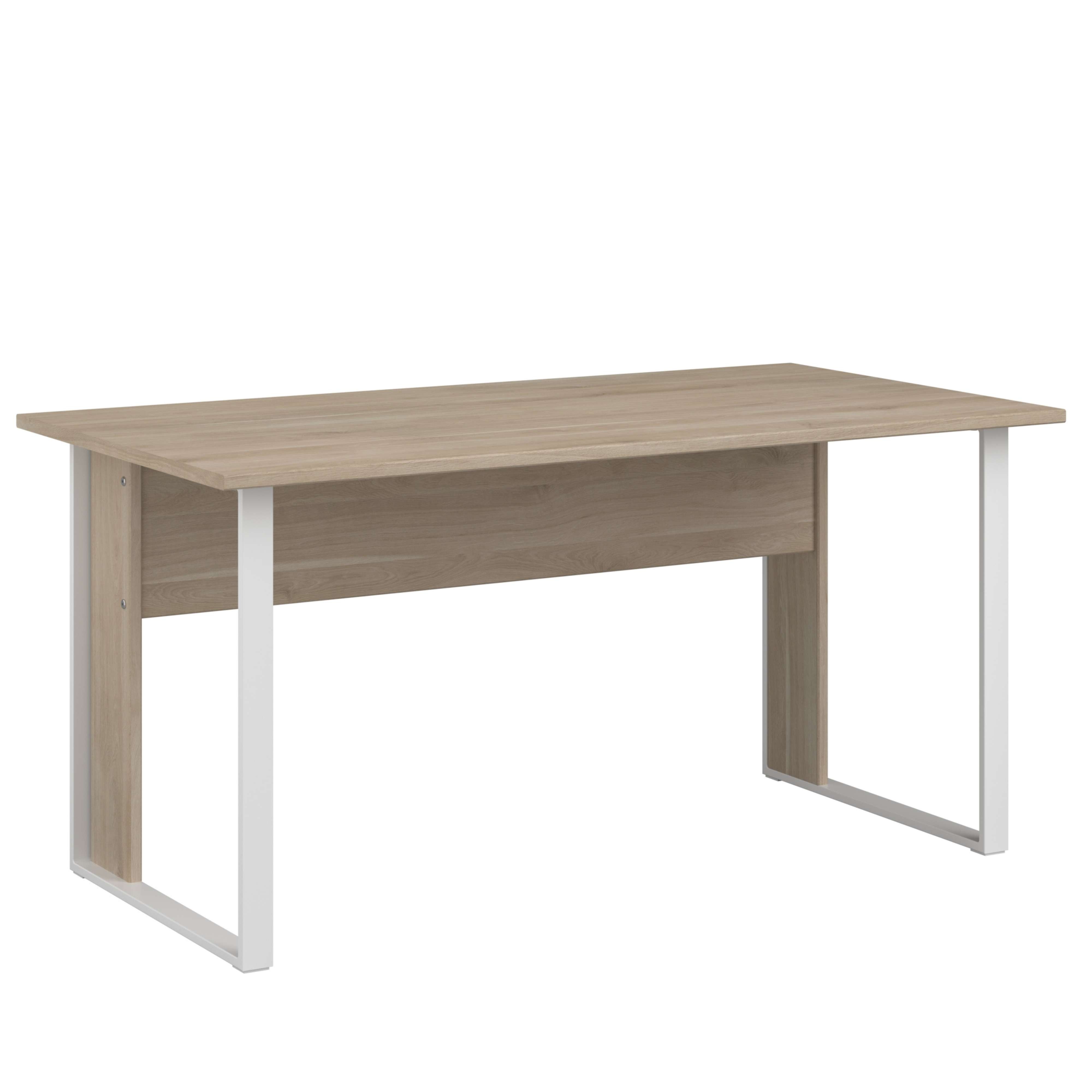 Un escritorio de madera clara con patas de metal blanco. Diseño simple.