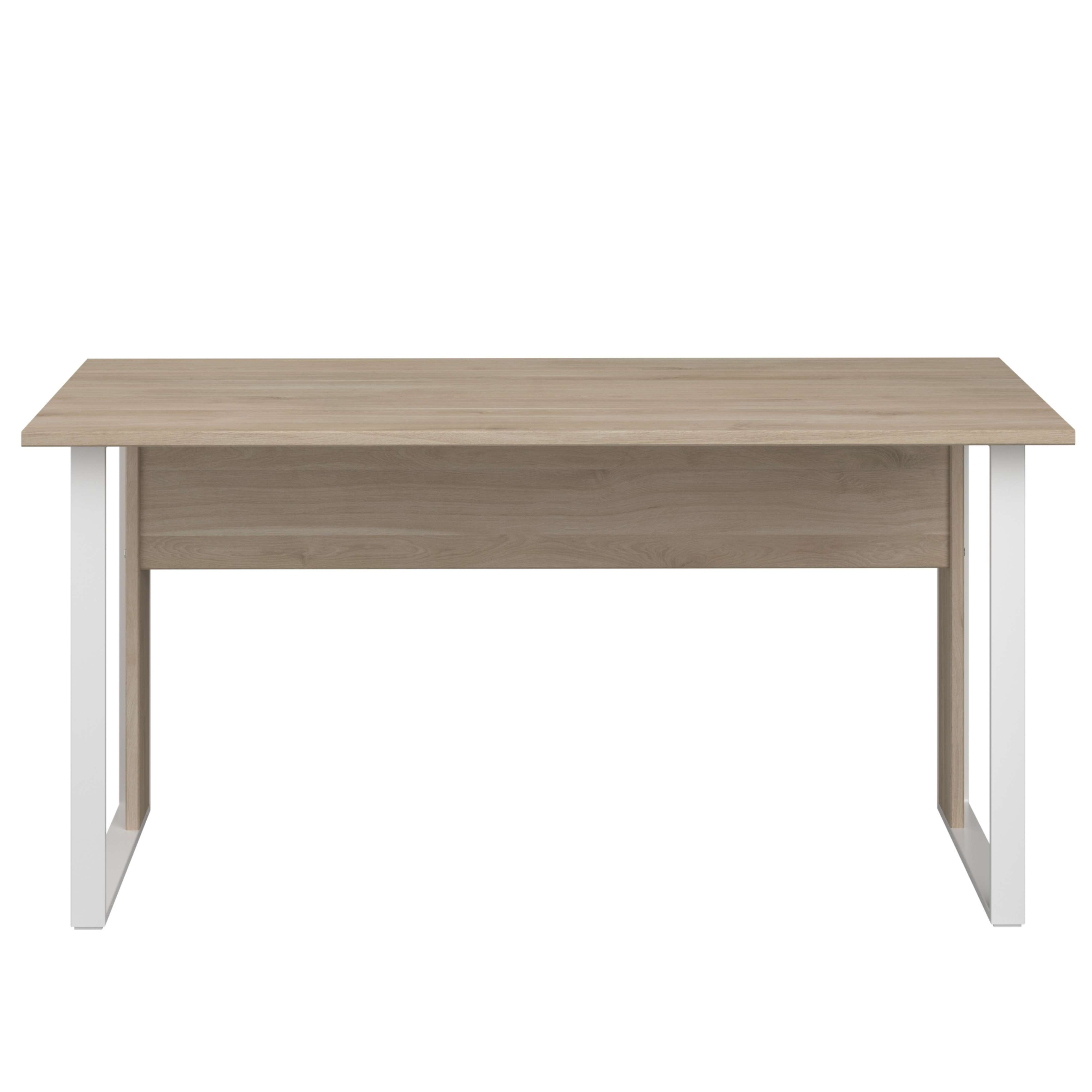 Una mesa rectangular de madera con vetas y patas de metal blanco.
