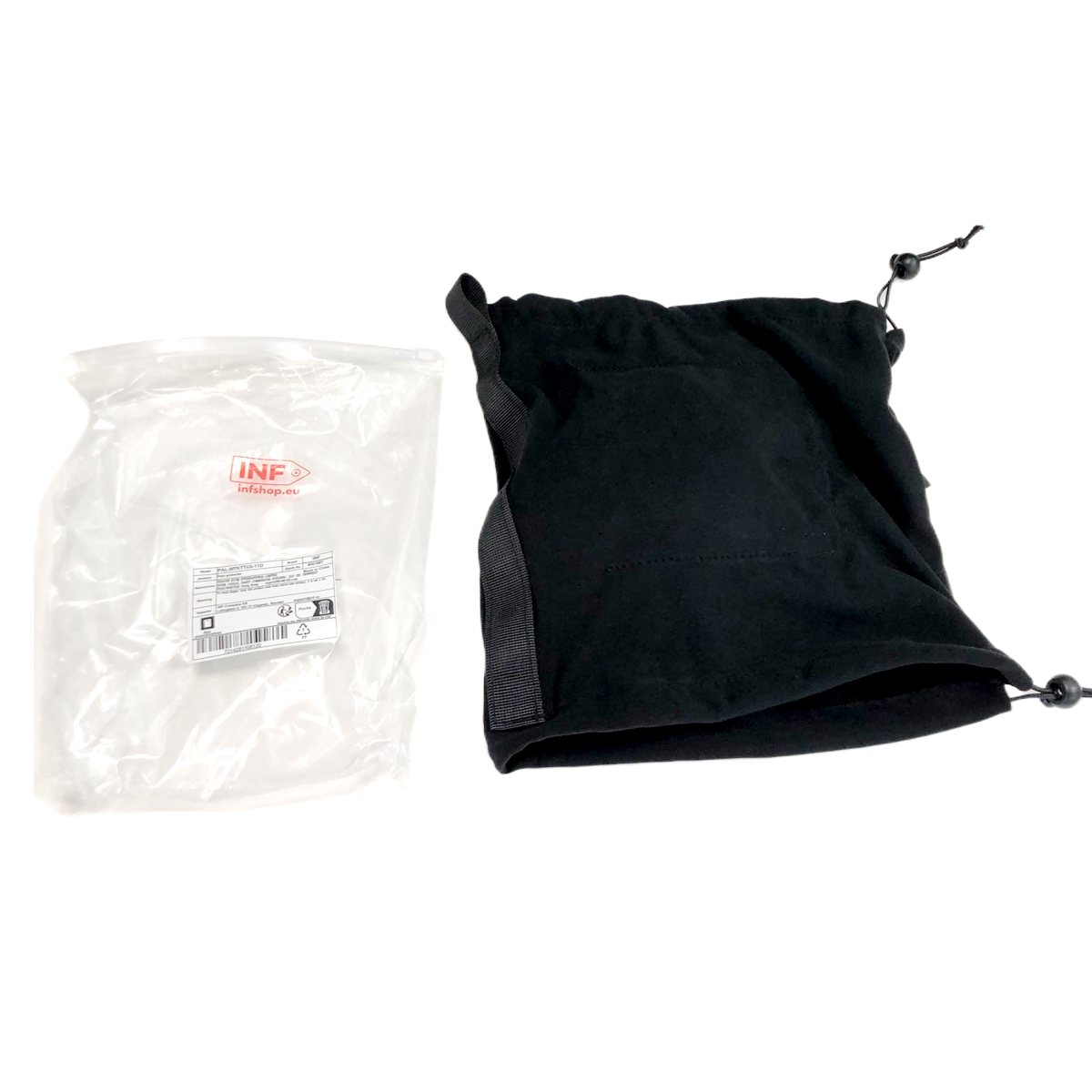 A black drawstring pouch next to a clear plastic bag with a label.