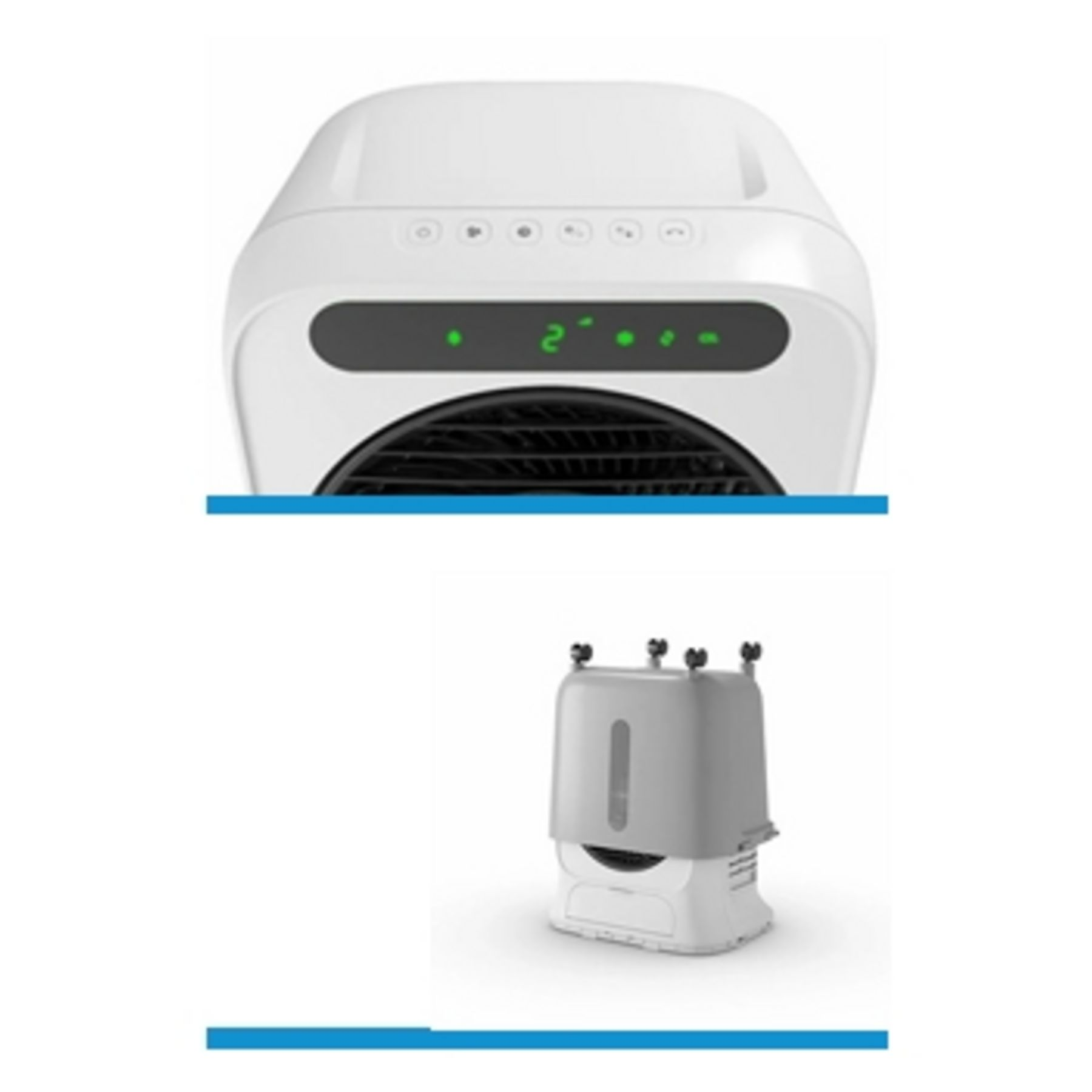 Raffrescatore bianco con display e griglia ventilatore.