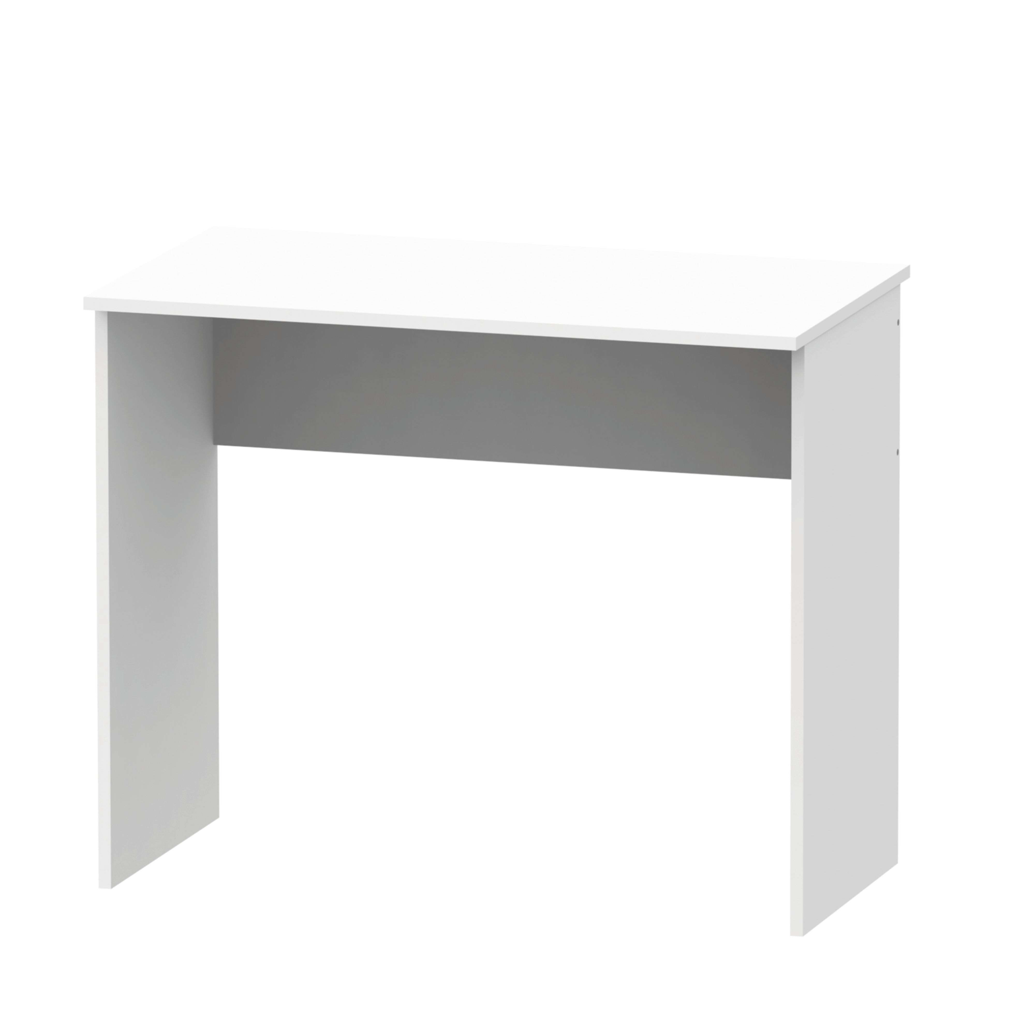Un marco de escritorio blanco y simple con dos patas y un tablero. Diseño minimalista.