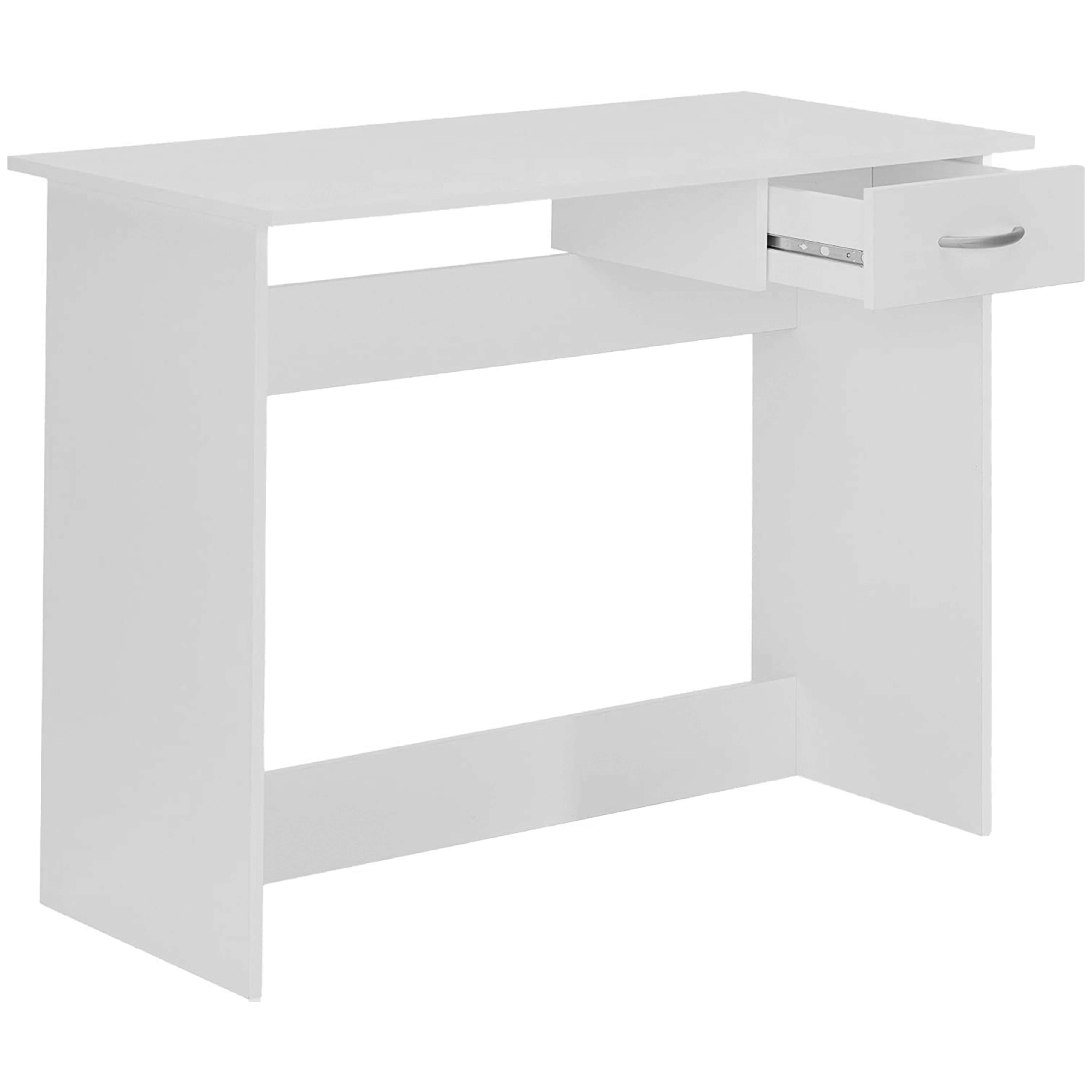 Un escritorio blanco con un cajón y un estante abierto.
