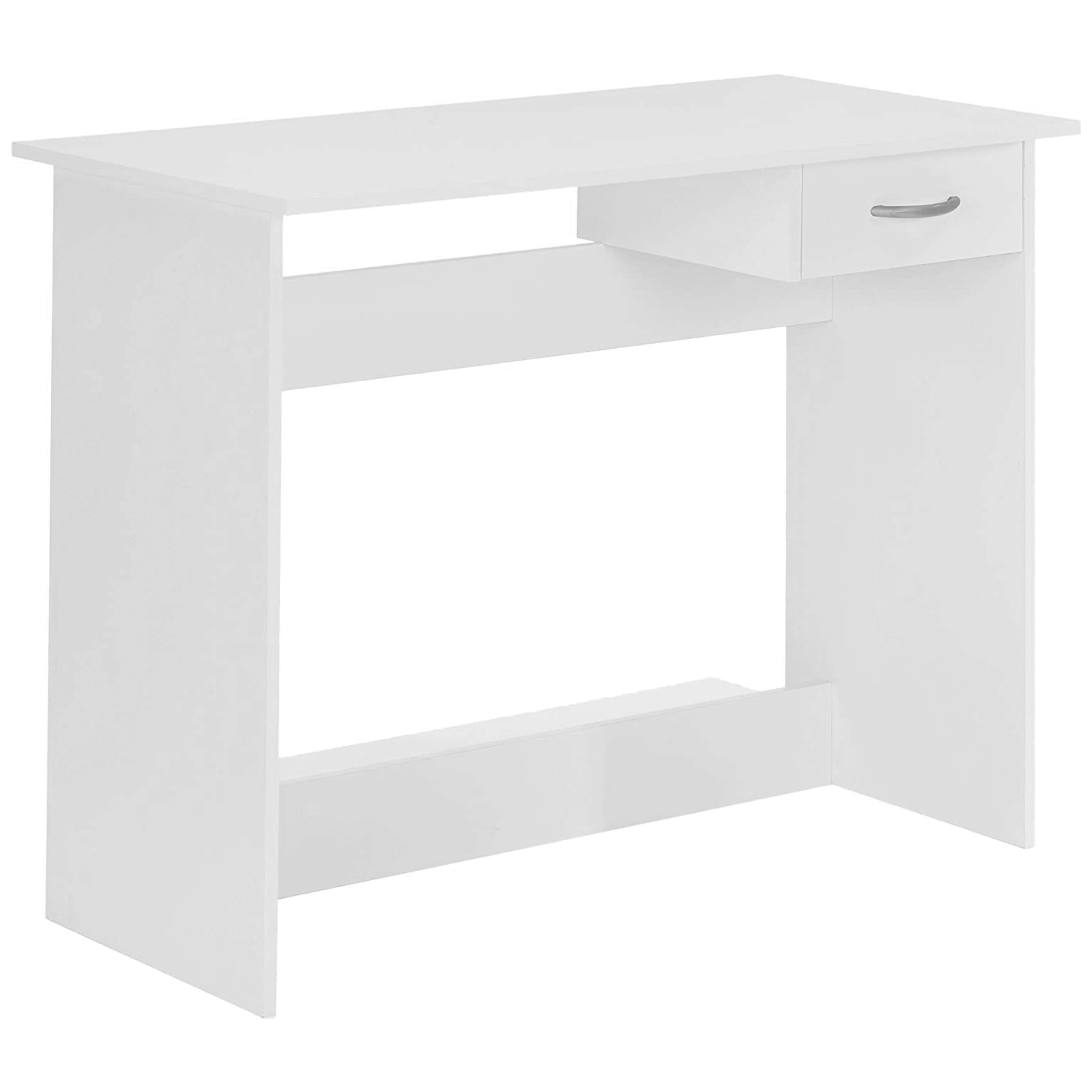 Un escritorio blanco con un cajón y un tirador plateado.