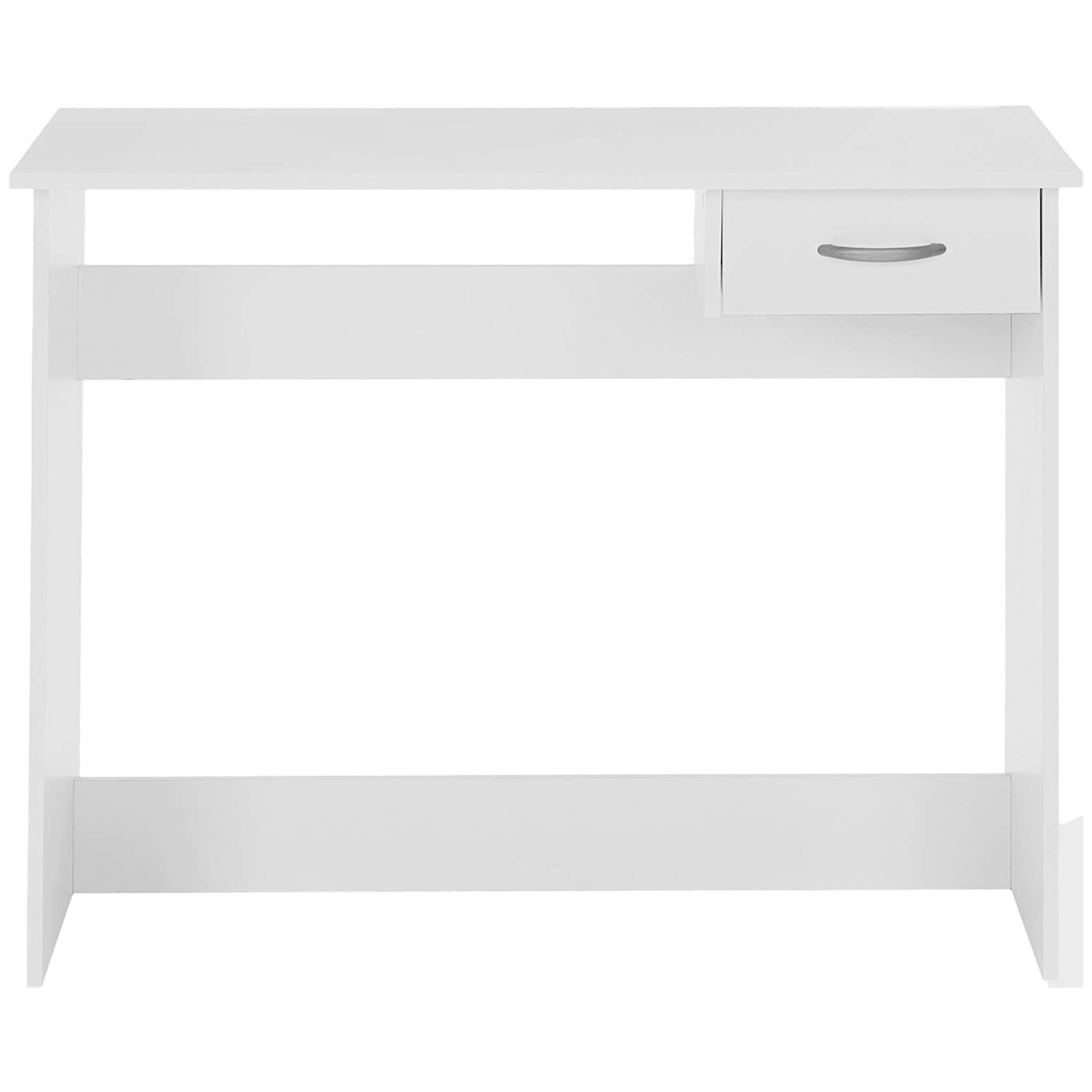Un escritorio blanco con un cajón y un estante.
