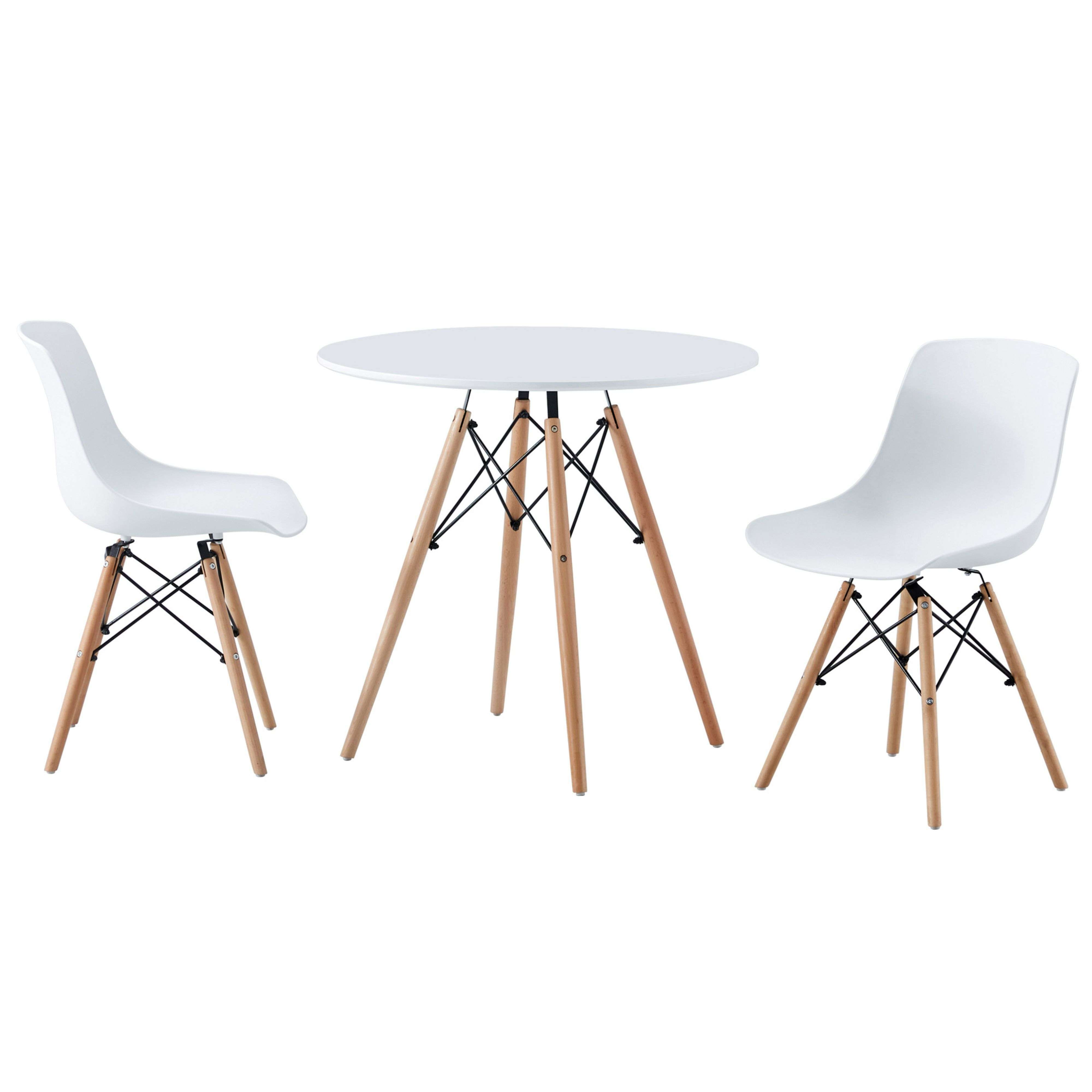 Una mesa redonda blanca con dos sillas blancas con patas de madera.