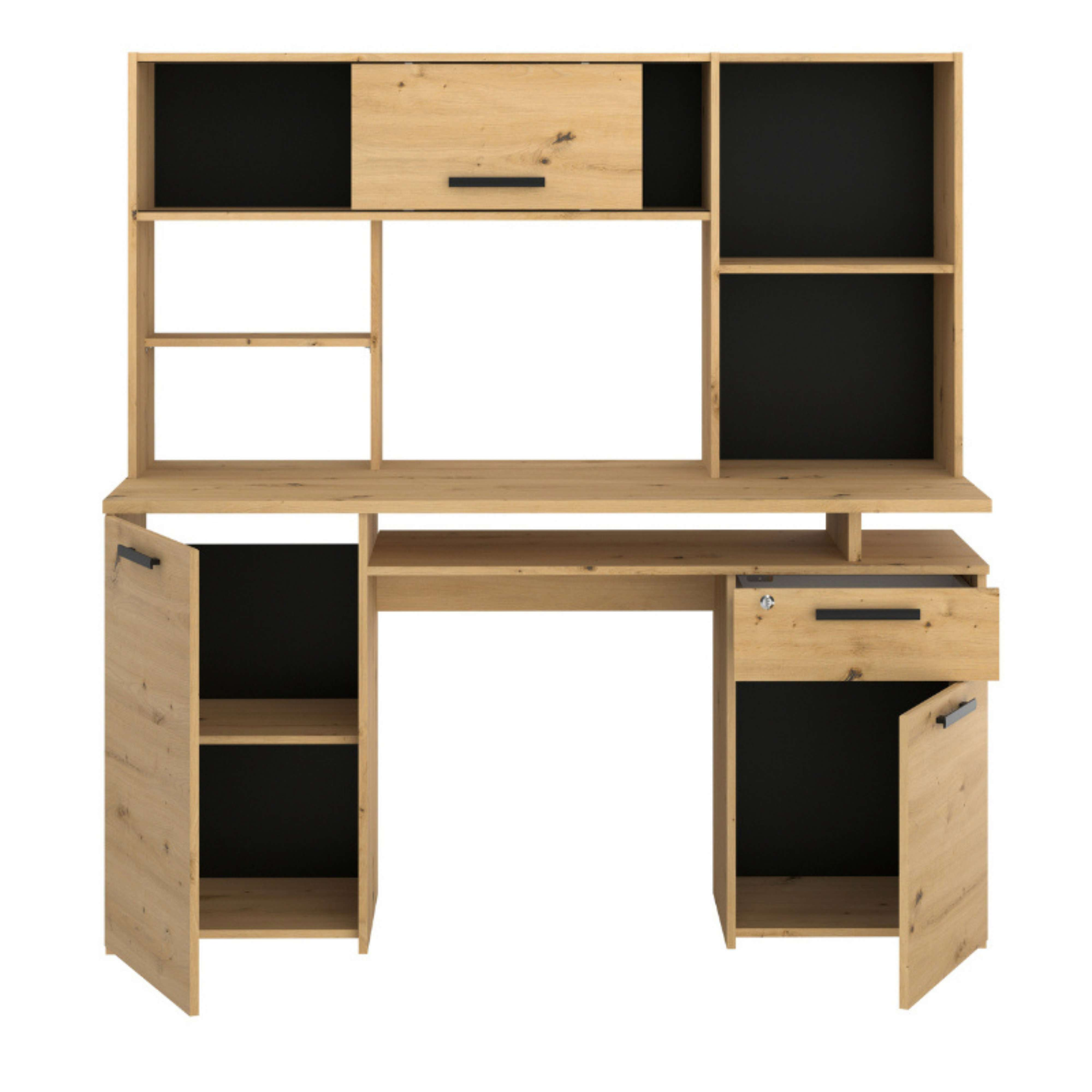 Un escritorio de madera clara con estantes y puertas negras, algunos abiertos.