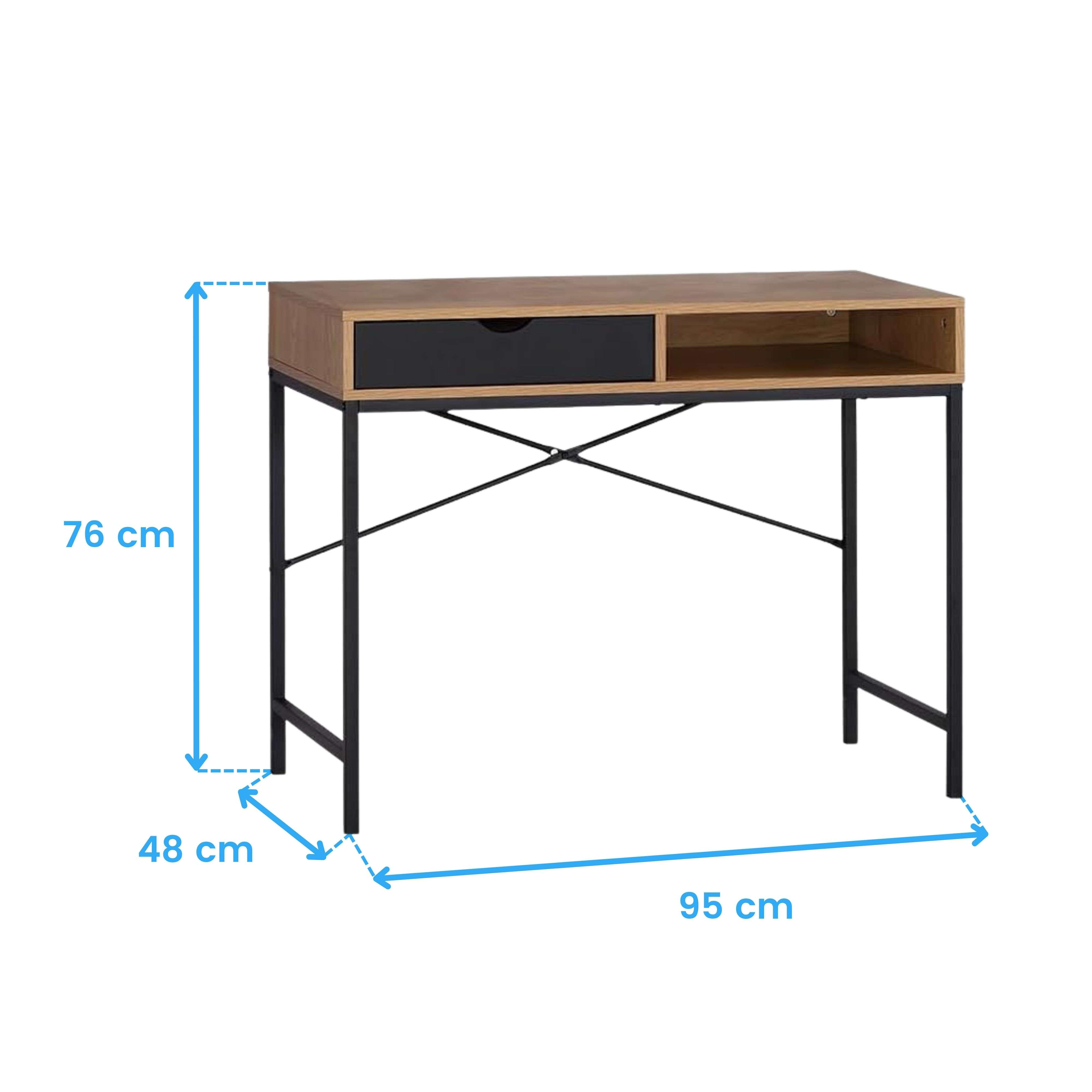Un escritorio con tapa de madera, cajón negro y patas de metal. Medidas.