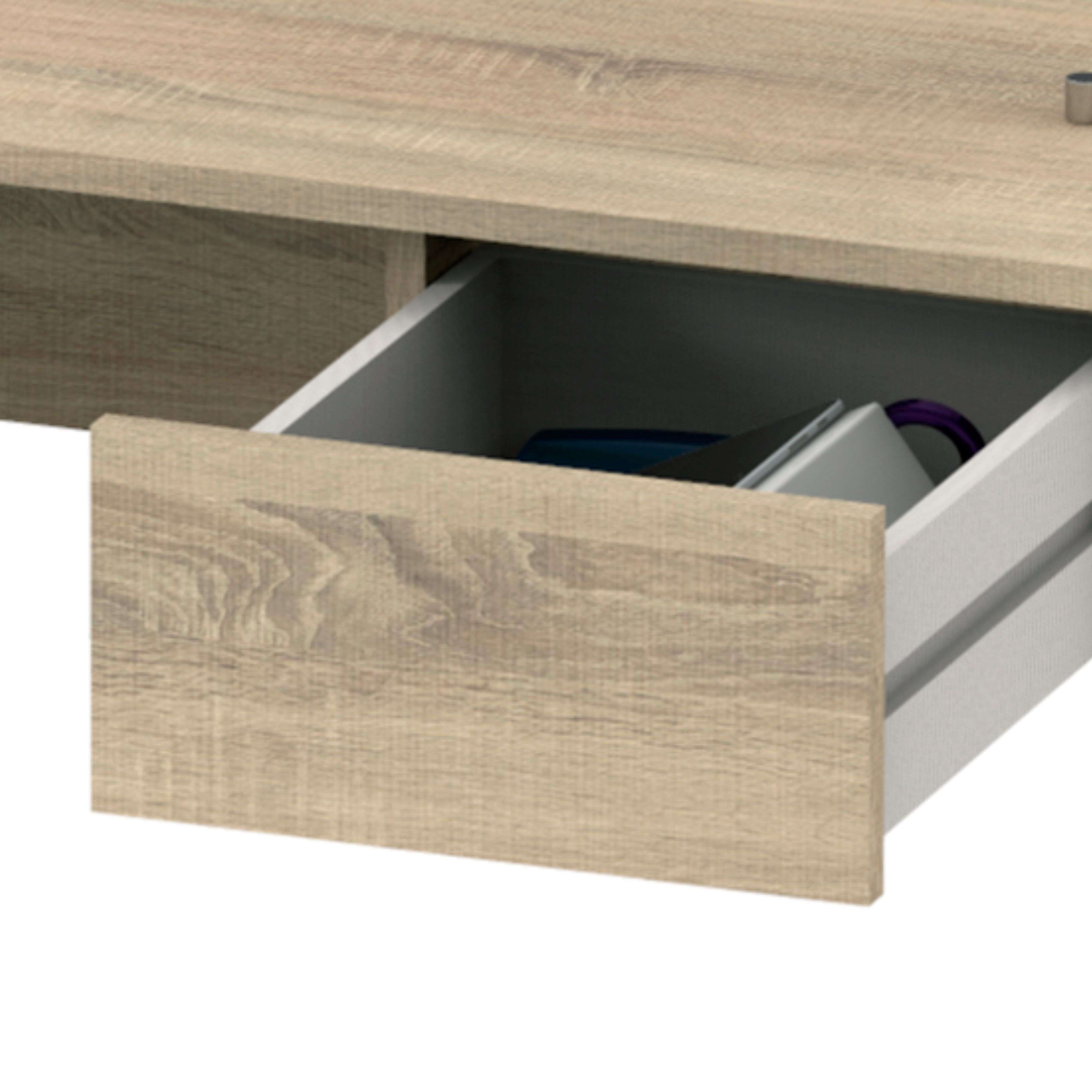 Cajón abierto con veta de madera, con smartphone y cable morado dentro.