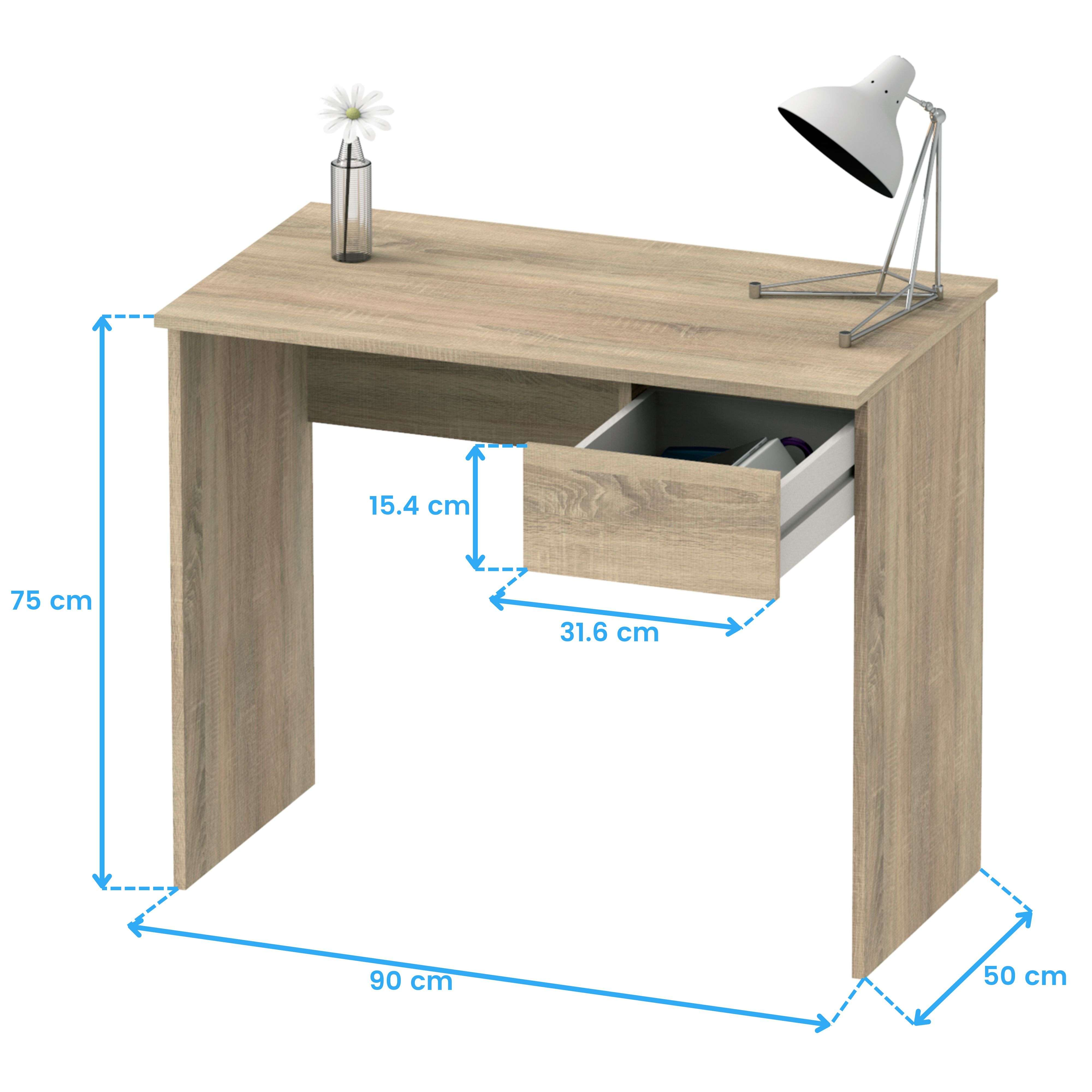 Un escritorio de madera con cajón, lámpara y flor. Dimensiones.