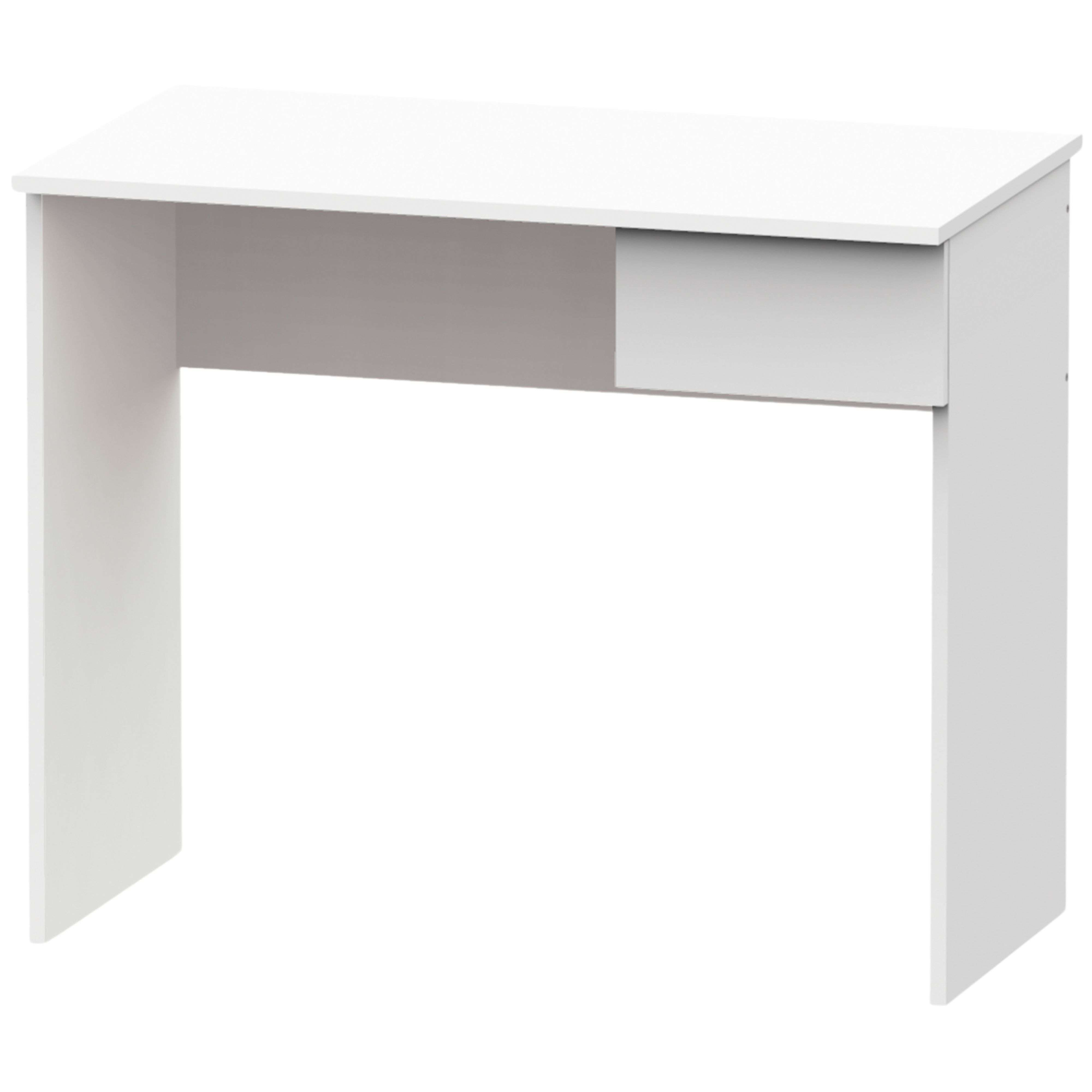 Un escritorio blanco con un cajón y patas.