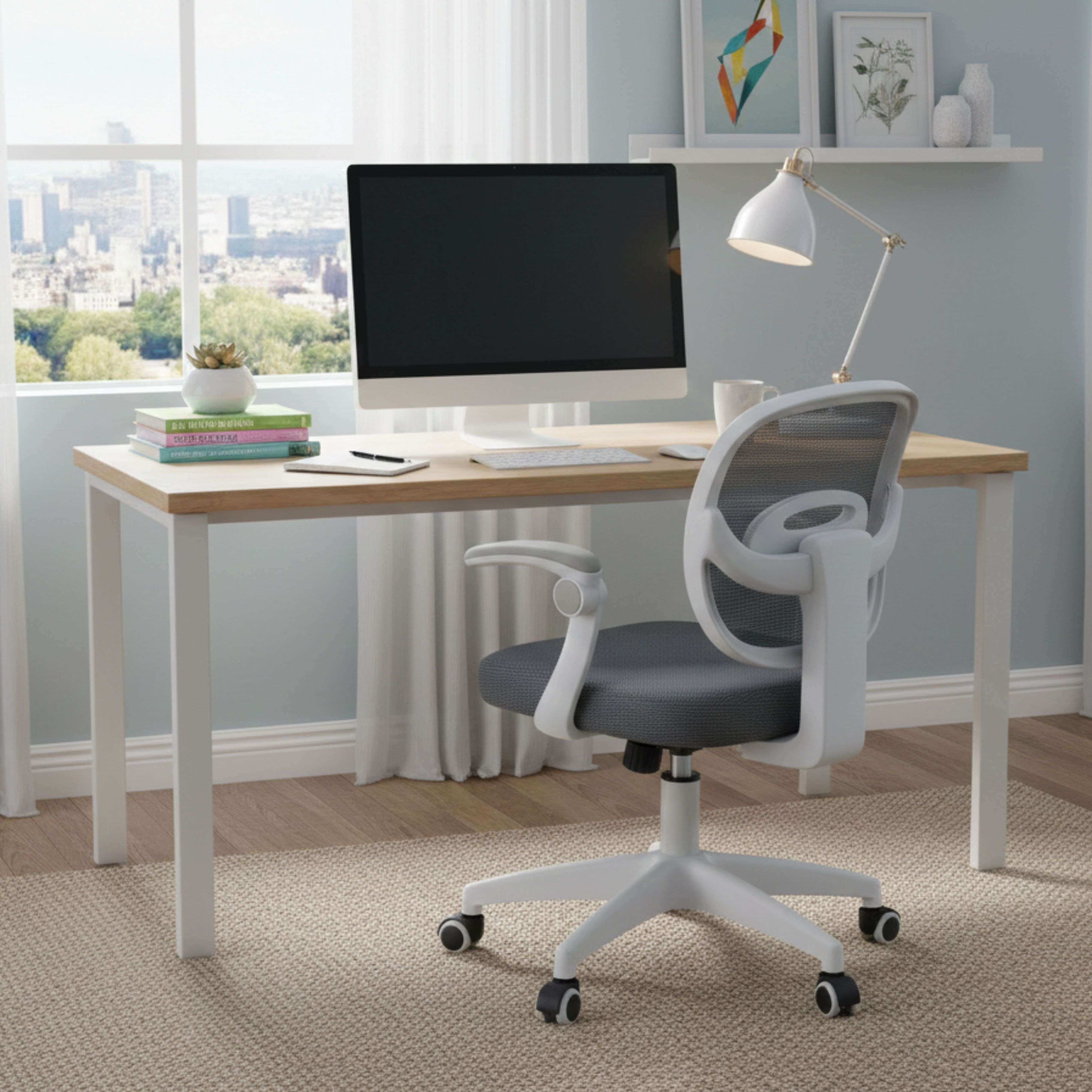 Un escritorio con computadora, lámpara y silla frente a una ventana con vista a la ciudad.