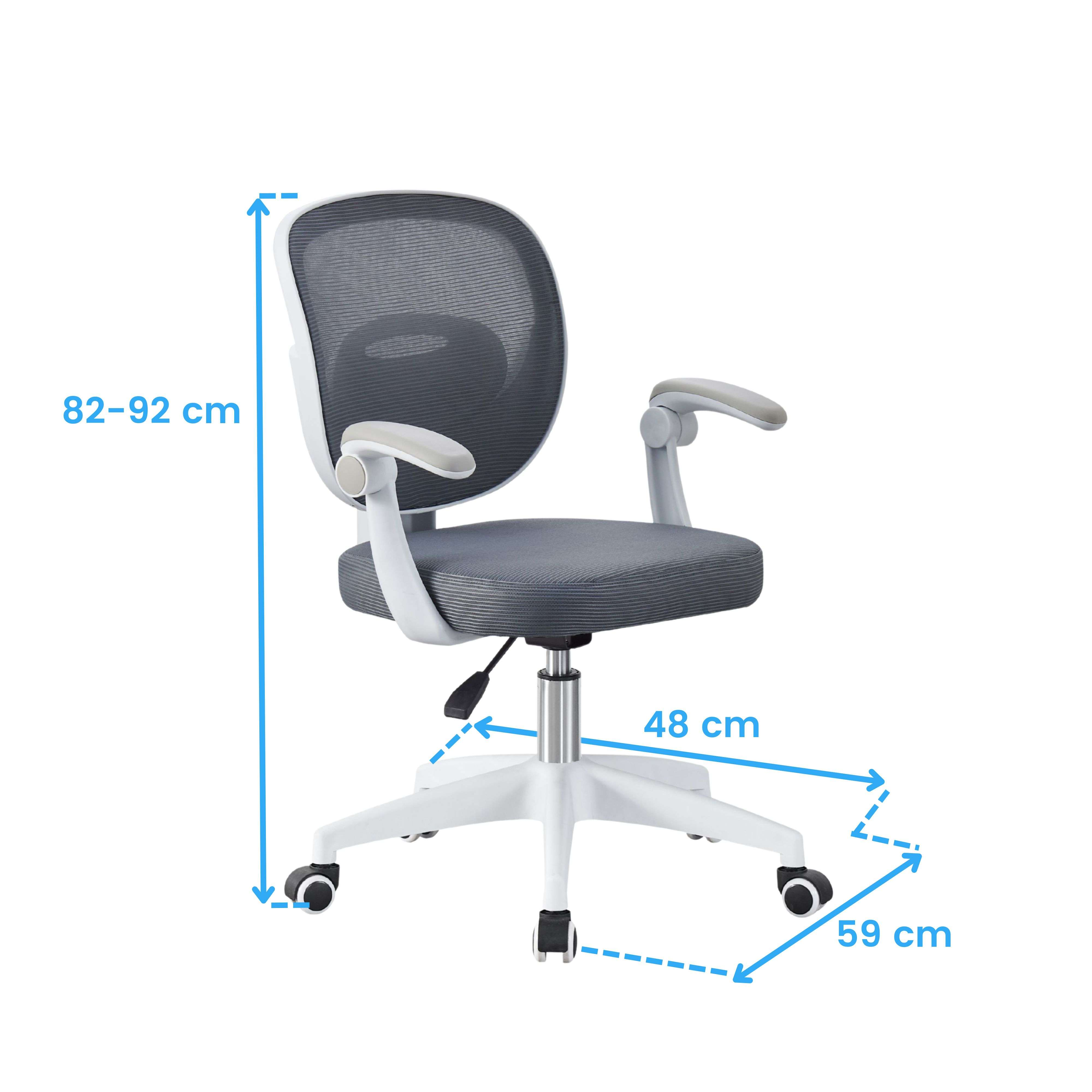 Silla de oficina gris de malla con brazos y ruedas blancas. Medidas.