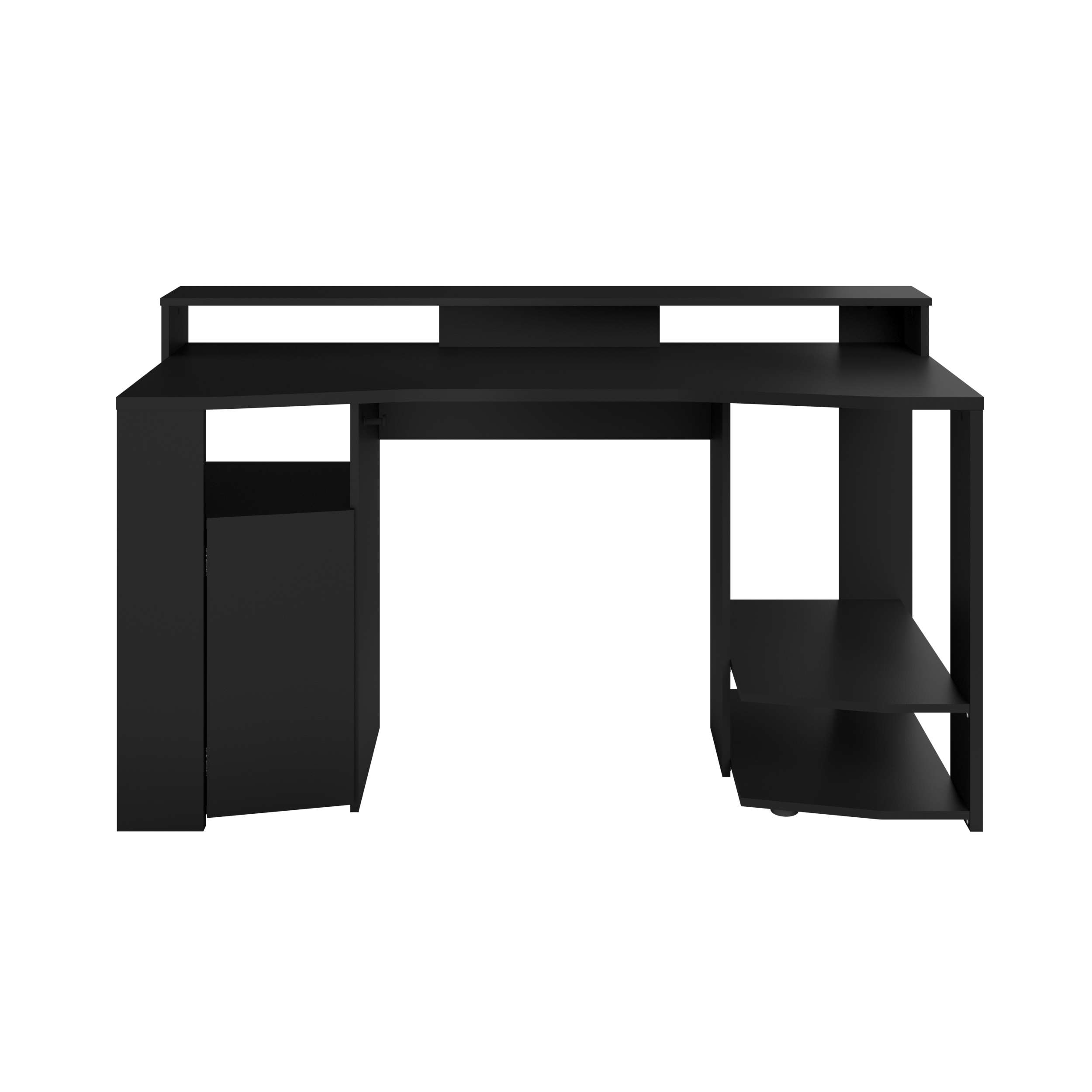 Escritorio negro con estante y cajón, diseño sencillo.