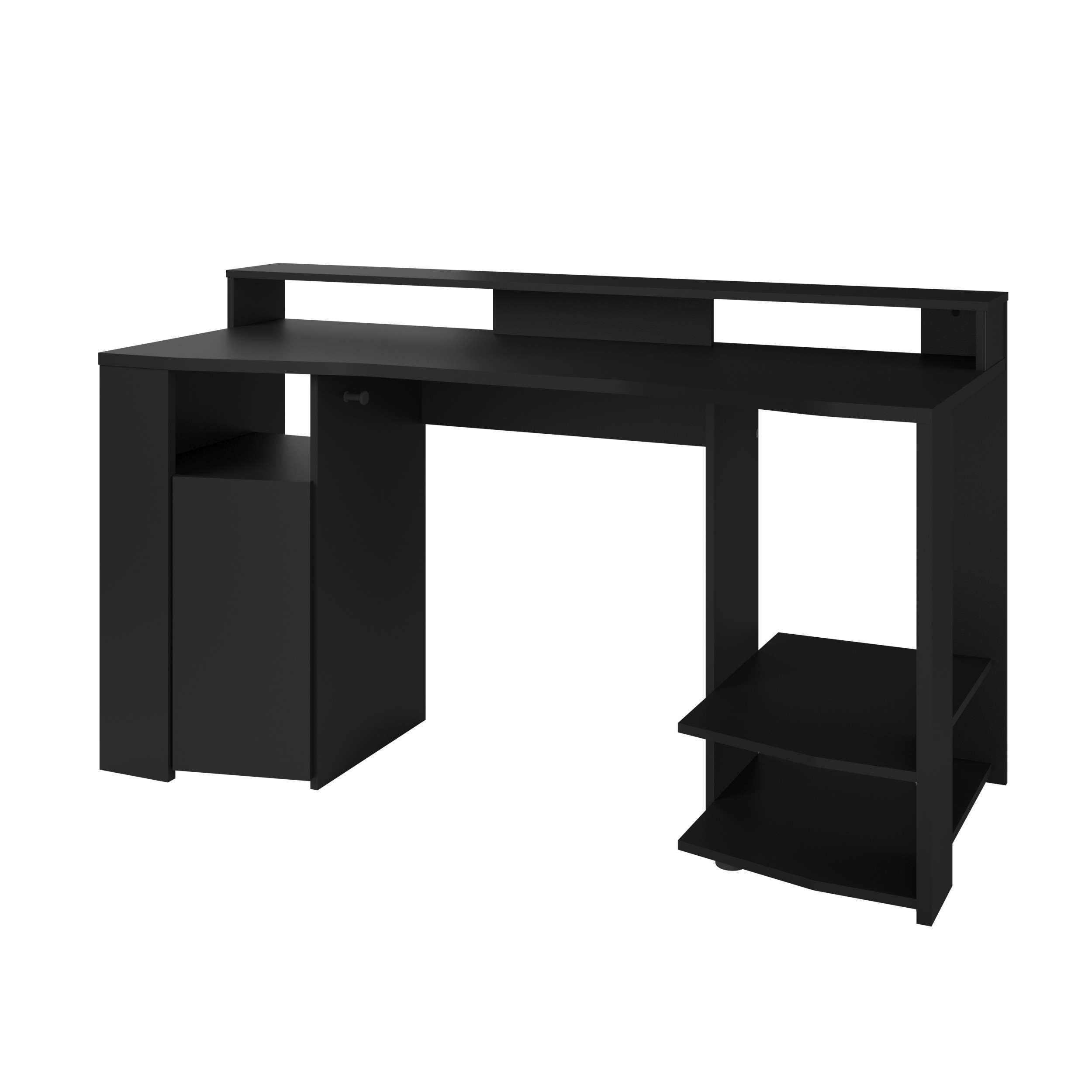 Un escritorio negro con estante superior y compartimentos abiertos.