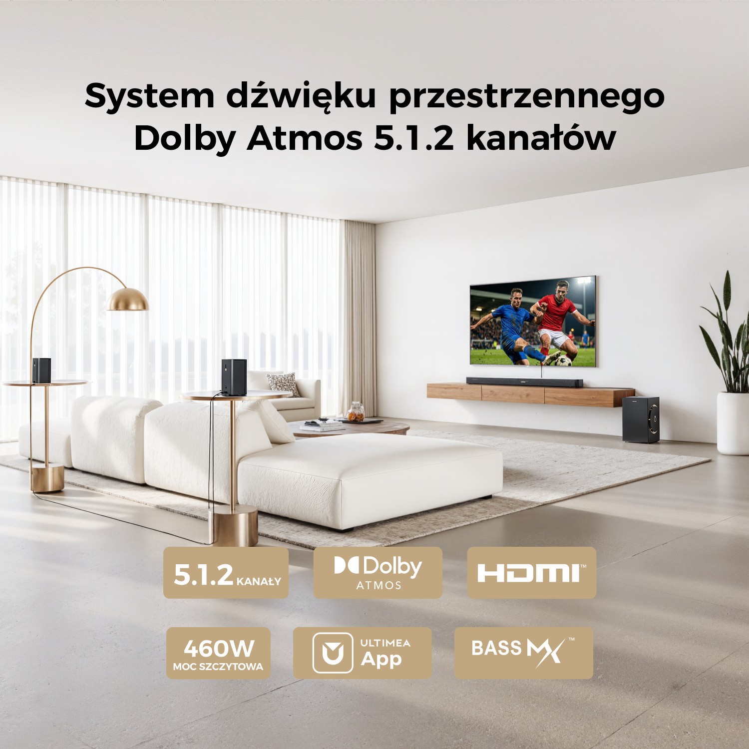 Salon z telewizorem pokazującym mecz piłki nożnej i systemem dźwiękowym Dolby Atmos.