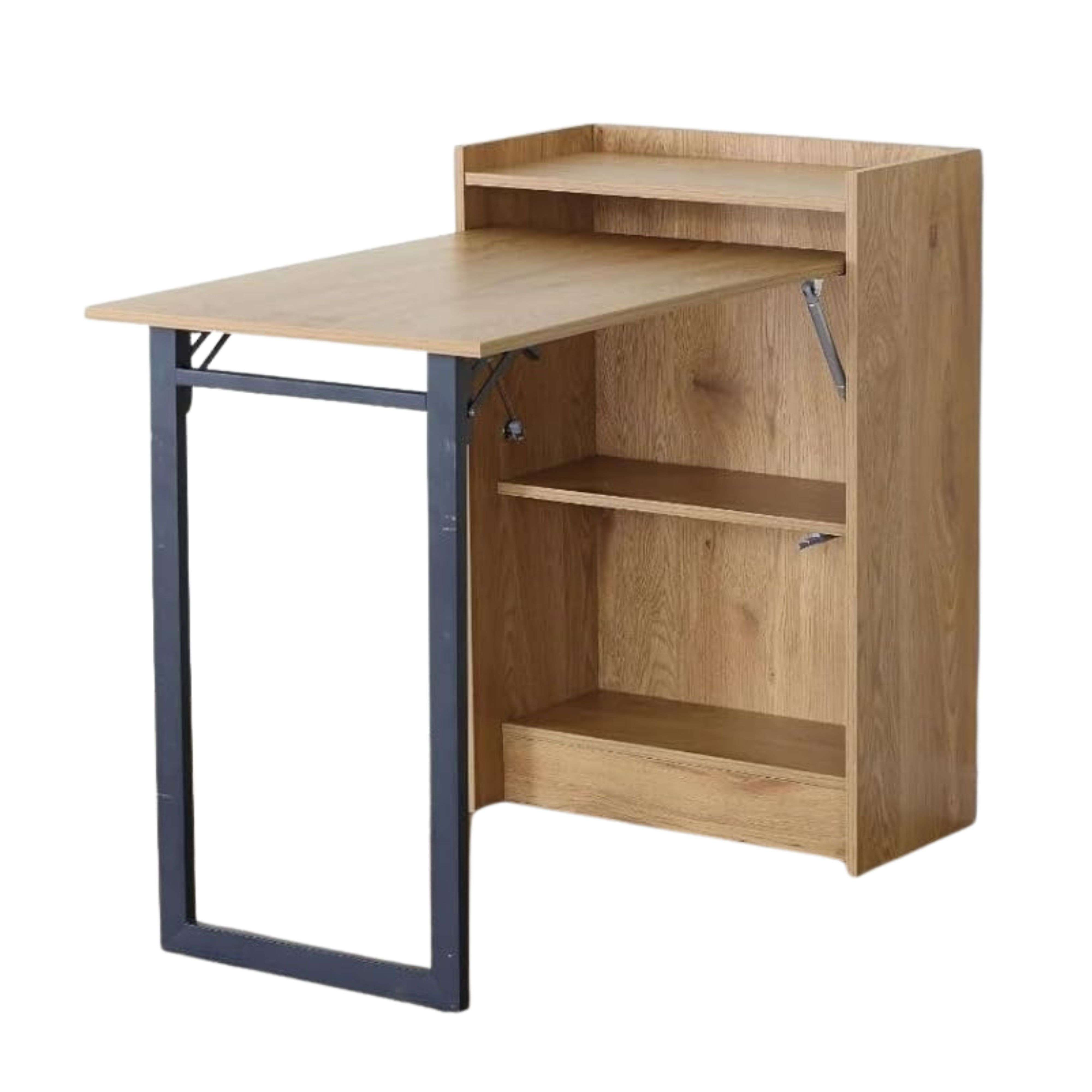 Un escritorio plegable de madera con patas de metal negro y estantes.