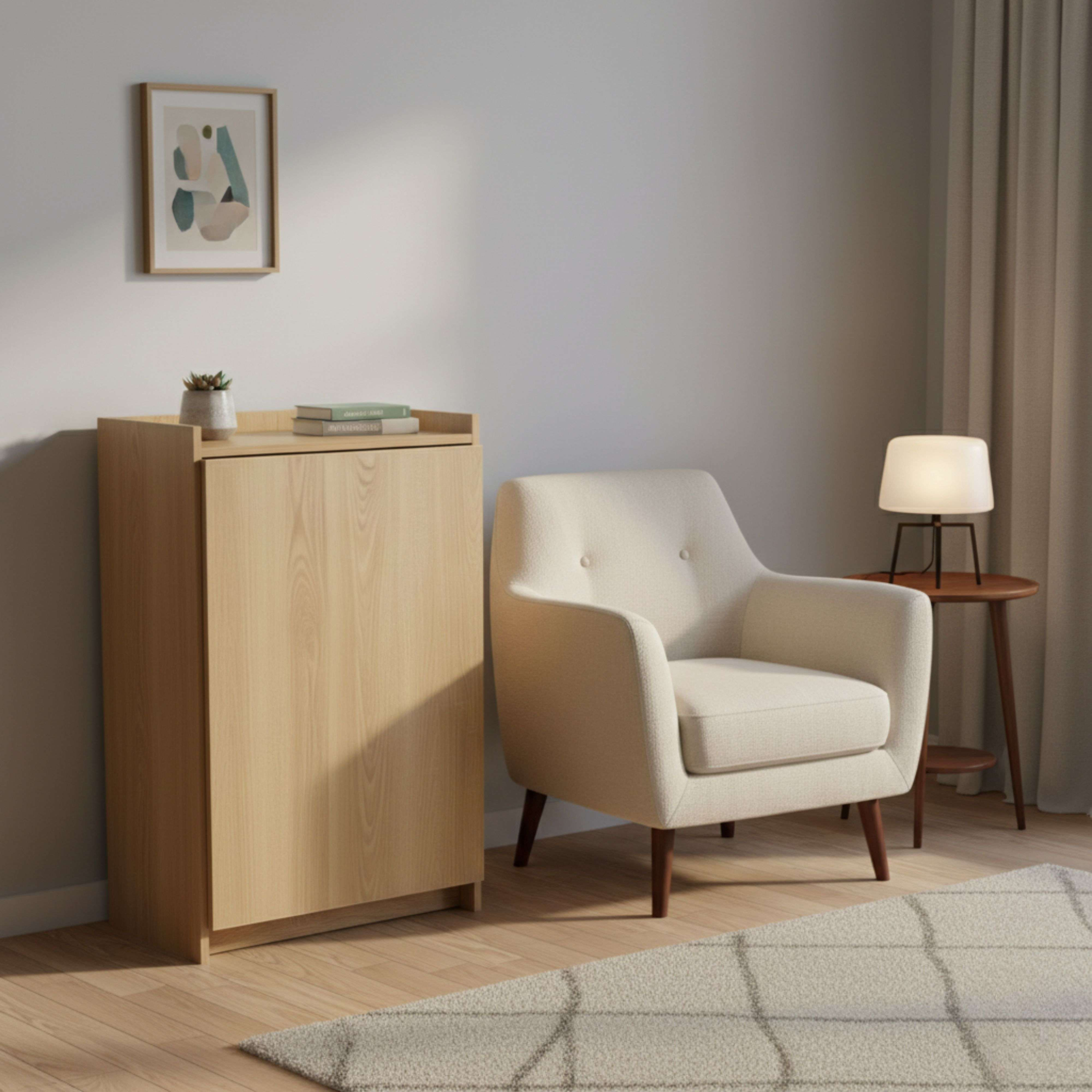 Un sillón beige junto a un mueble de madera con un cuadro encima.
