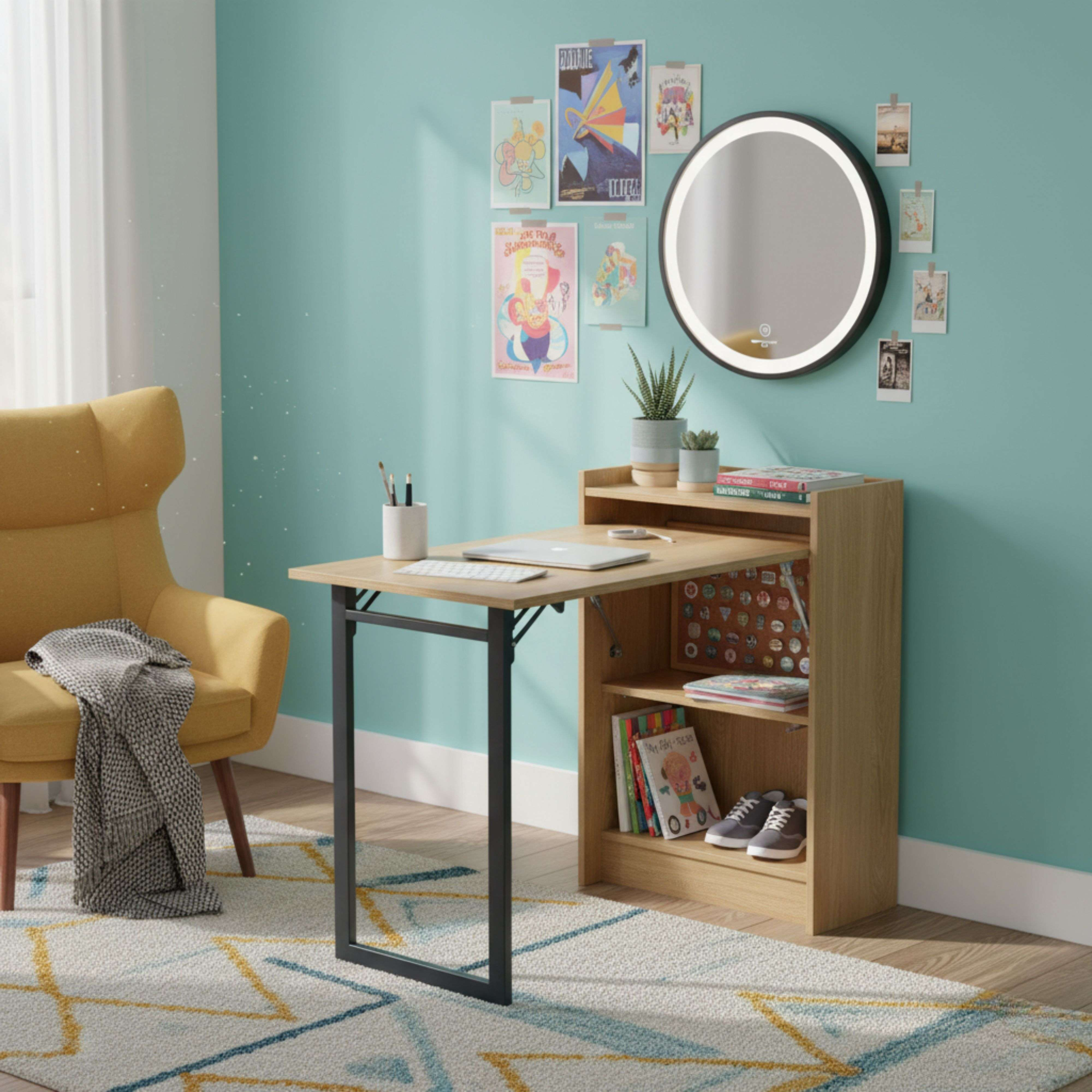 Un sillón amarillo con manta junto a un escritorio con laptop y libros.