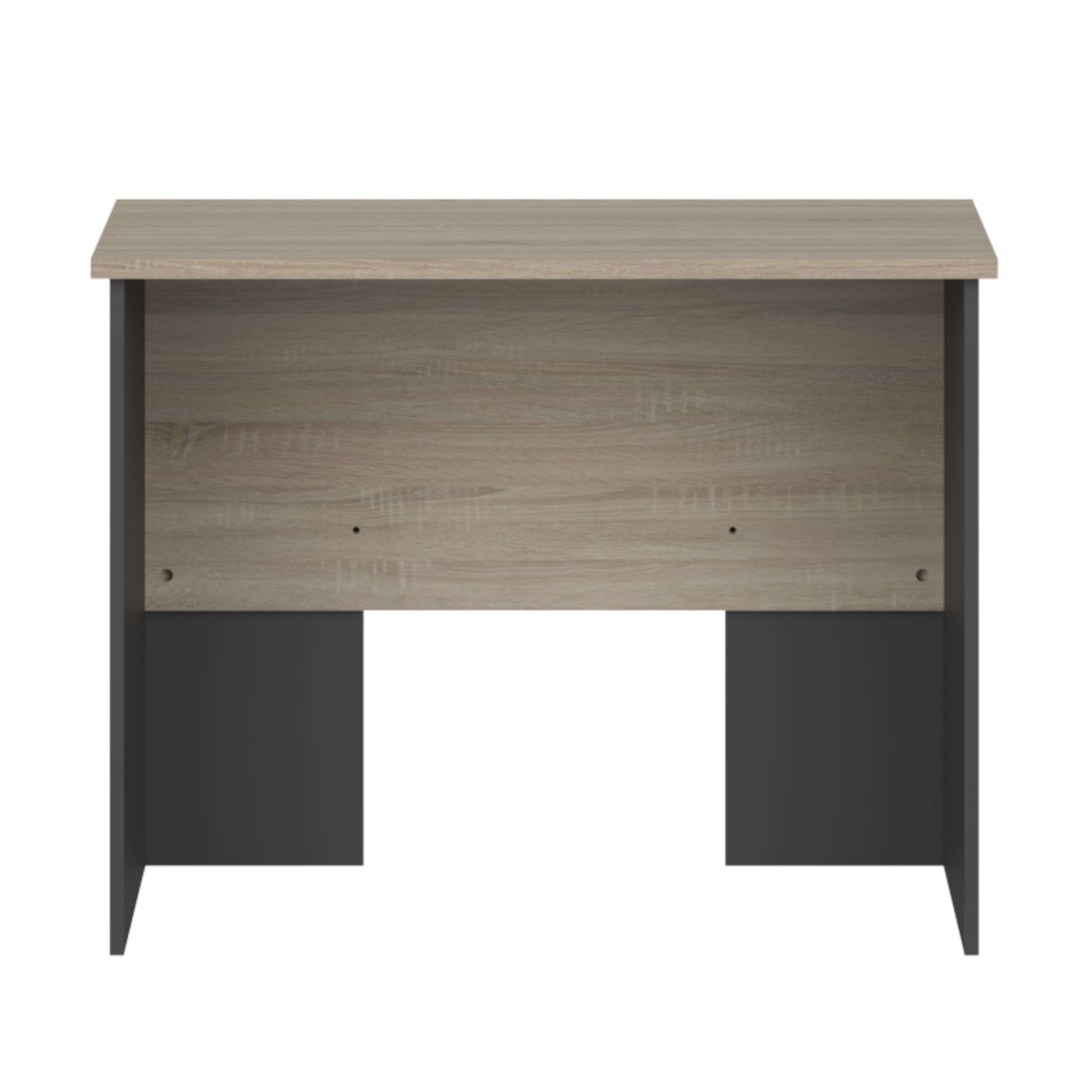 Un escritorio o mesa simple con tapa de aspecto madera y patas oscuras.