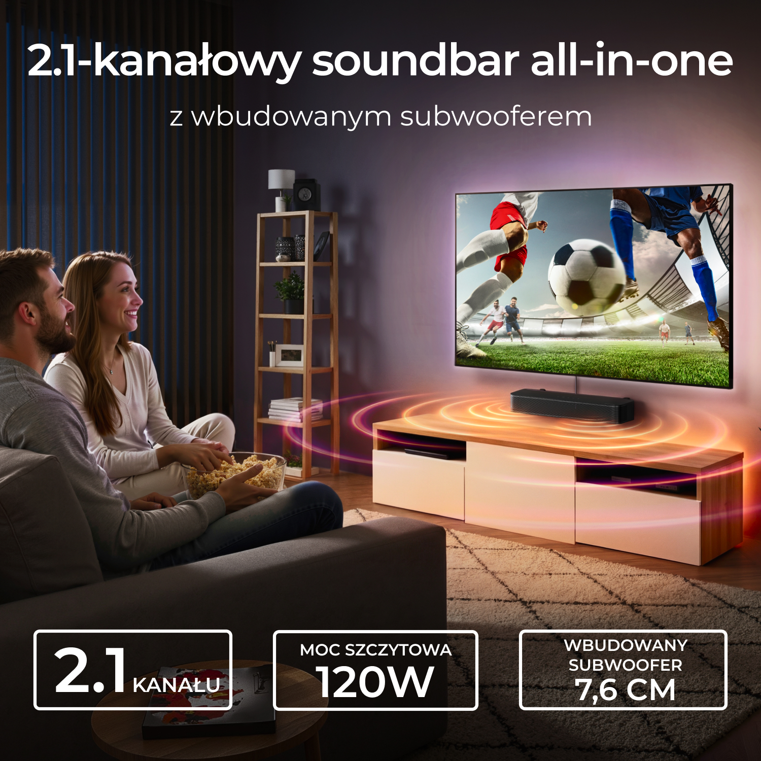 Para ogląda TV, soundbar na szafce. Dane: 2.1 kanału, 120W, subwoofer 7.6cm.