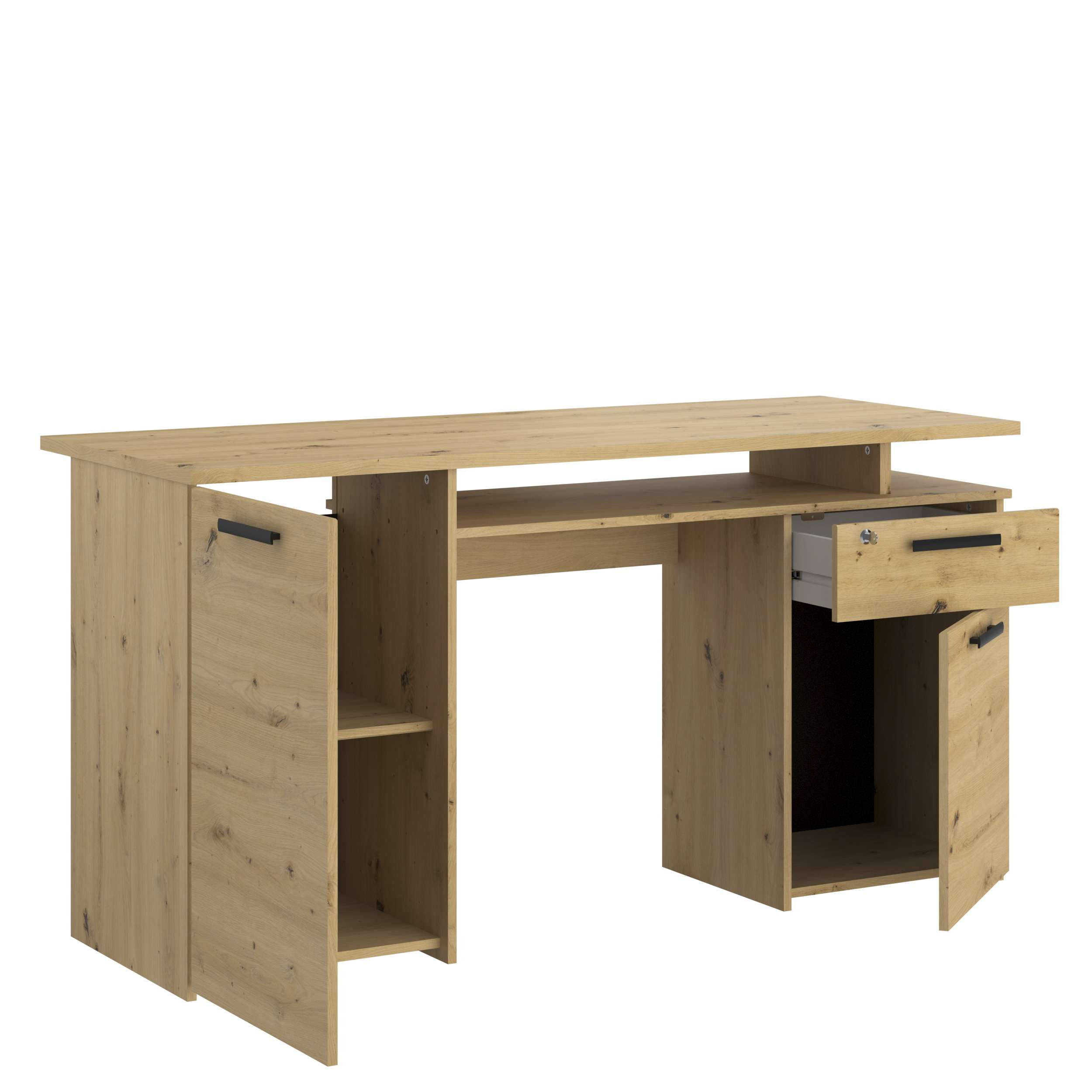 Un escritorio de madera clara con cajones, puertas, un estante abierto y una bandeja para teclado.