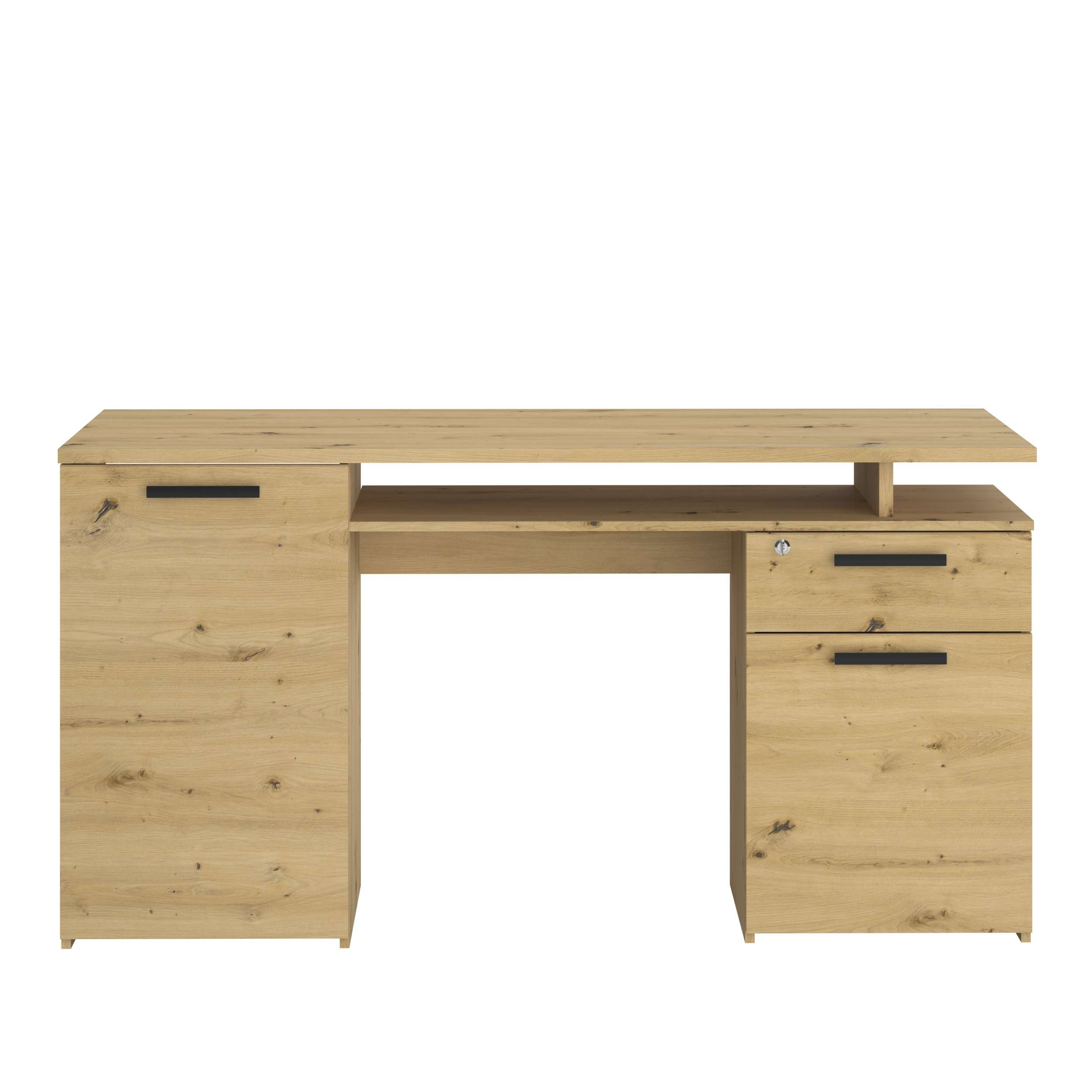 Un escritorio de madera clara con cajones y un estante.