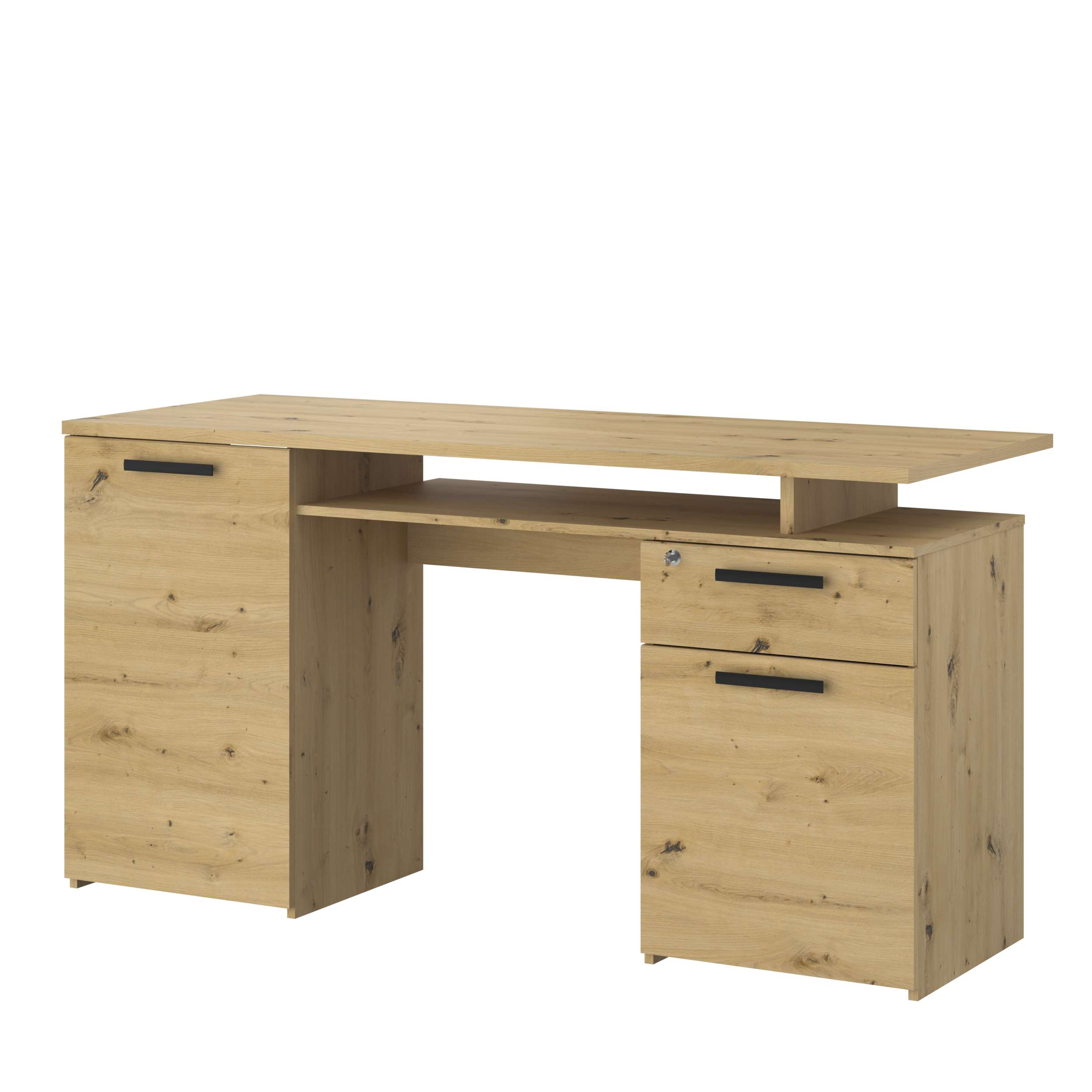 Un escritorio de madera con cajones y un estante.