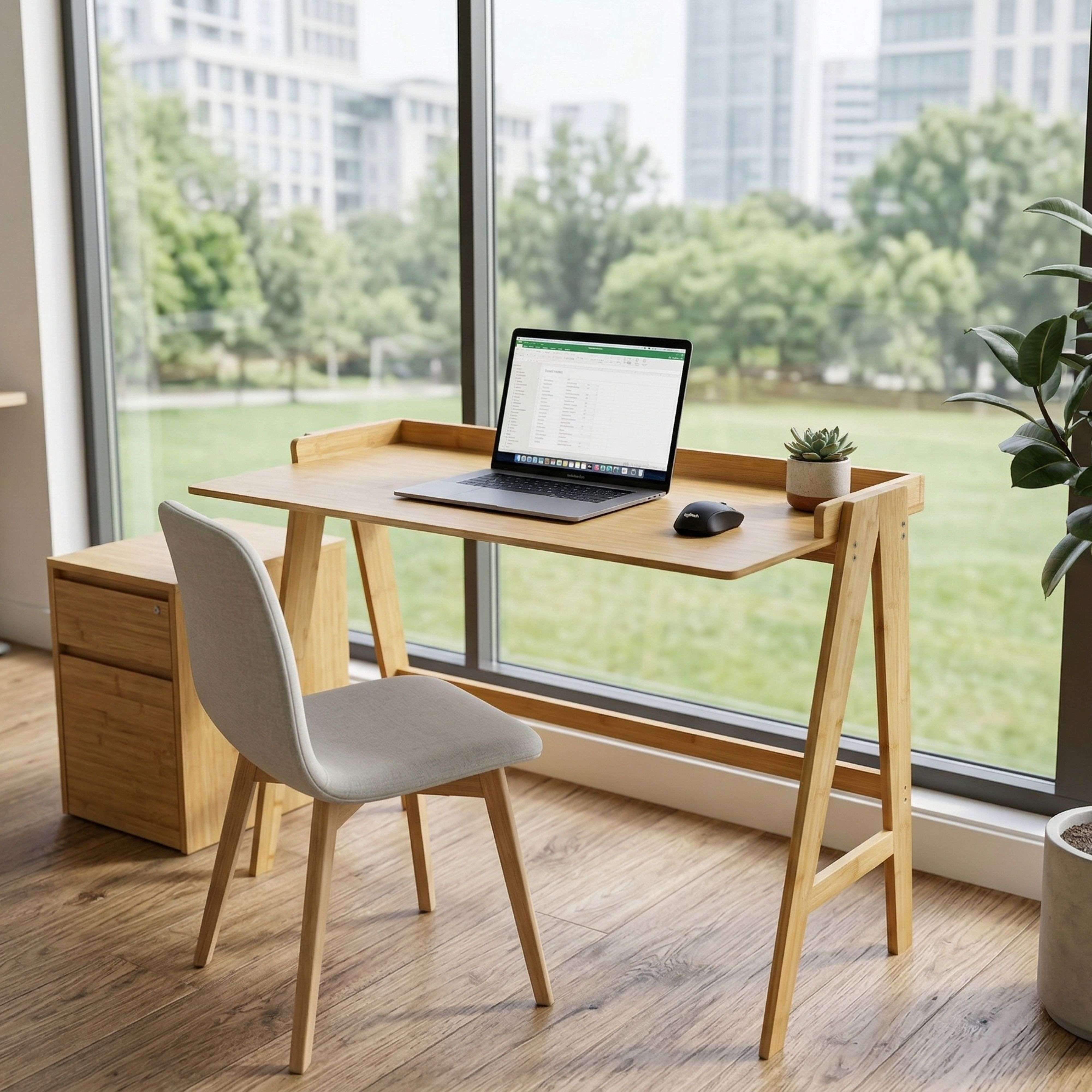 Un escritorio de madera con laptop y ratón frente a una ventana grande.