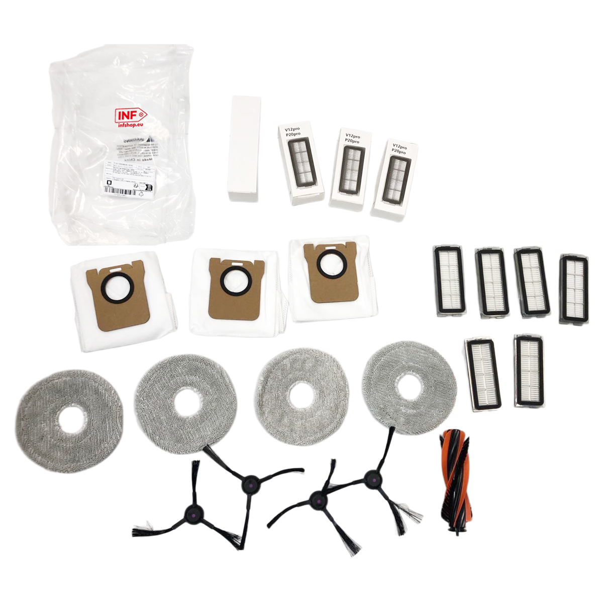 Robot vacuum accessories: dust bags, filters, brushes, and mop pads.