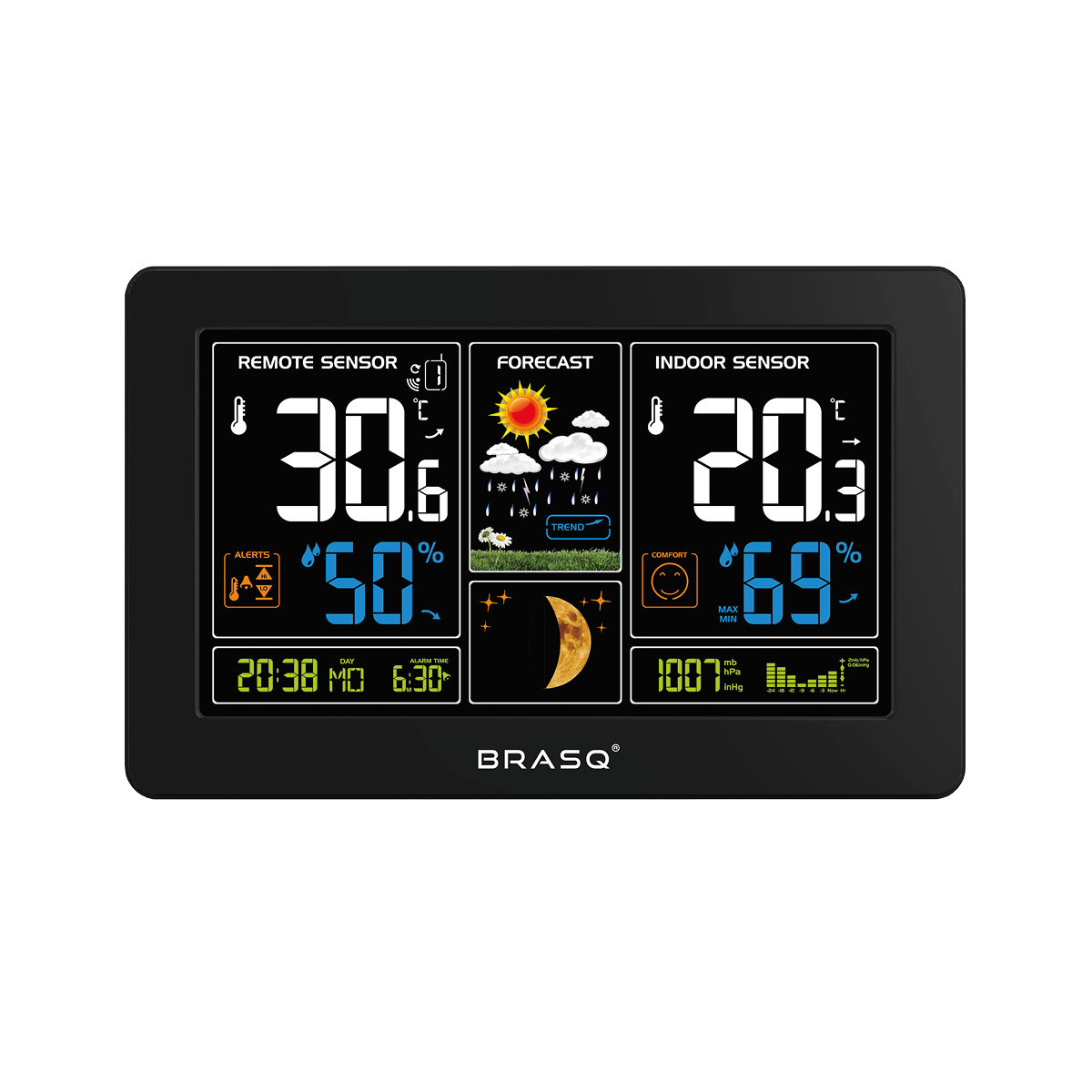 Digitaal weerstation scherm toont binnen-/buitentemp., vochtigheid, voorspelling, tijd, maanfase.