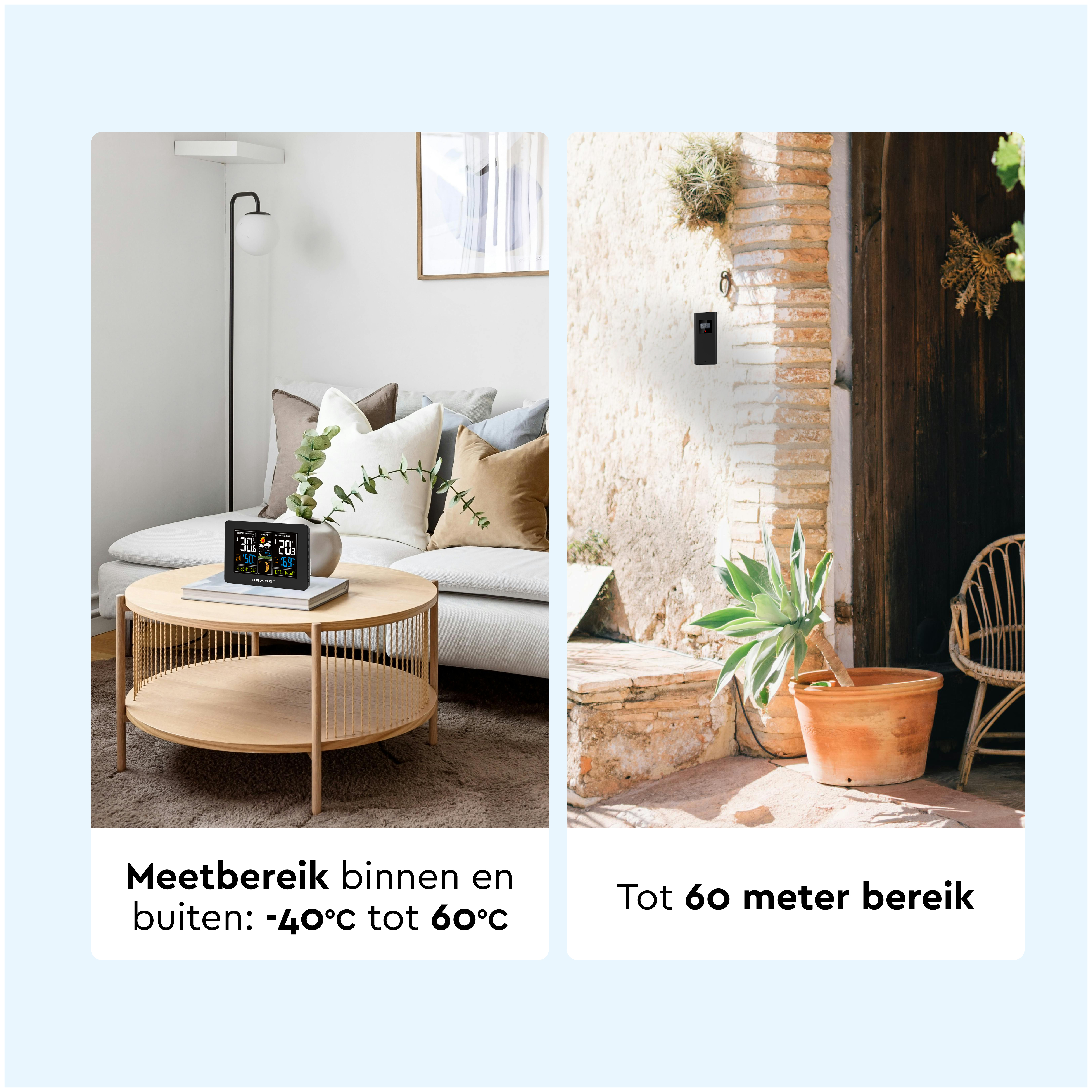 Moderne woonkamerdecoratie met weerstation & buitendeur met plant.