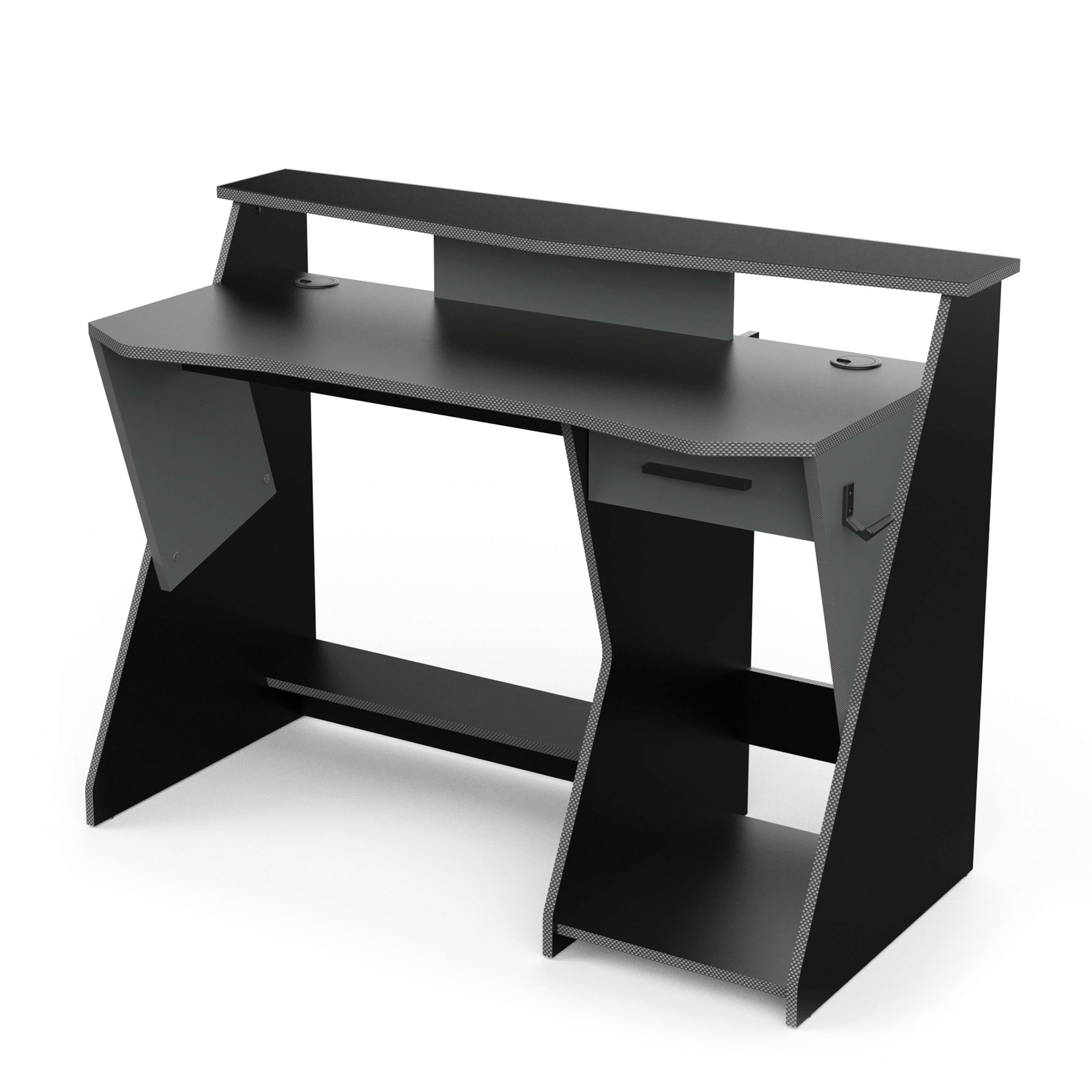 Escritorio negro con estante superior y compartimento con cajón debajo.