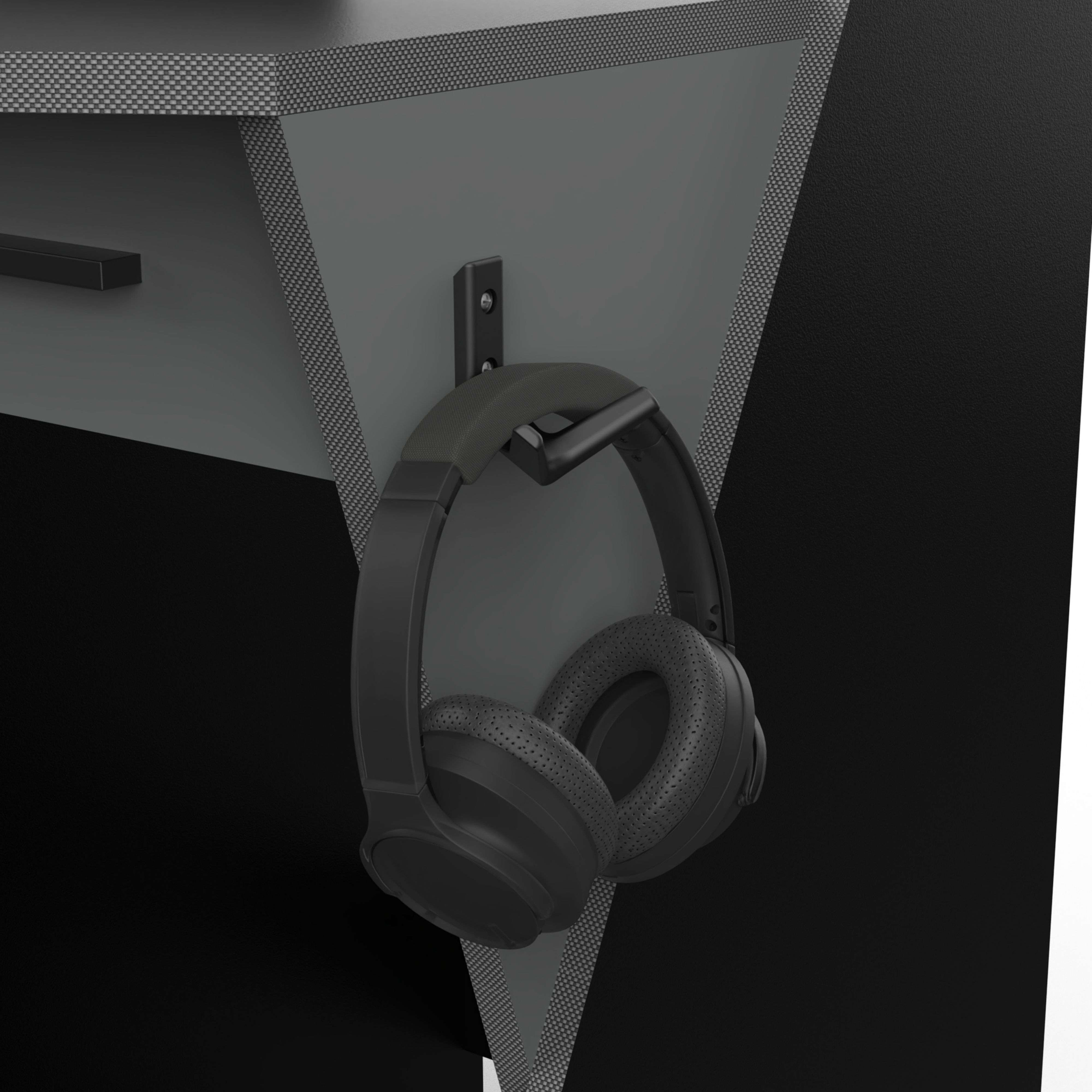 Auriculares negros cuelgan de un gancho gris en una pared.