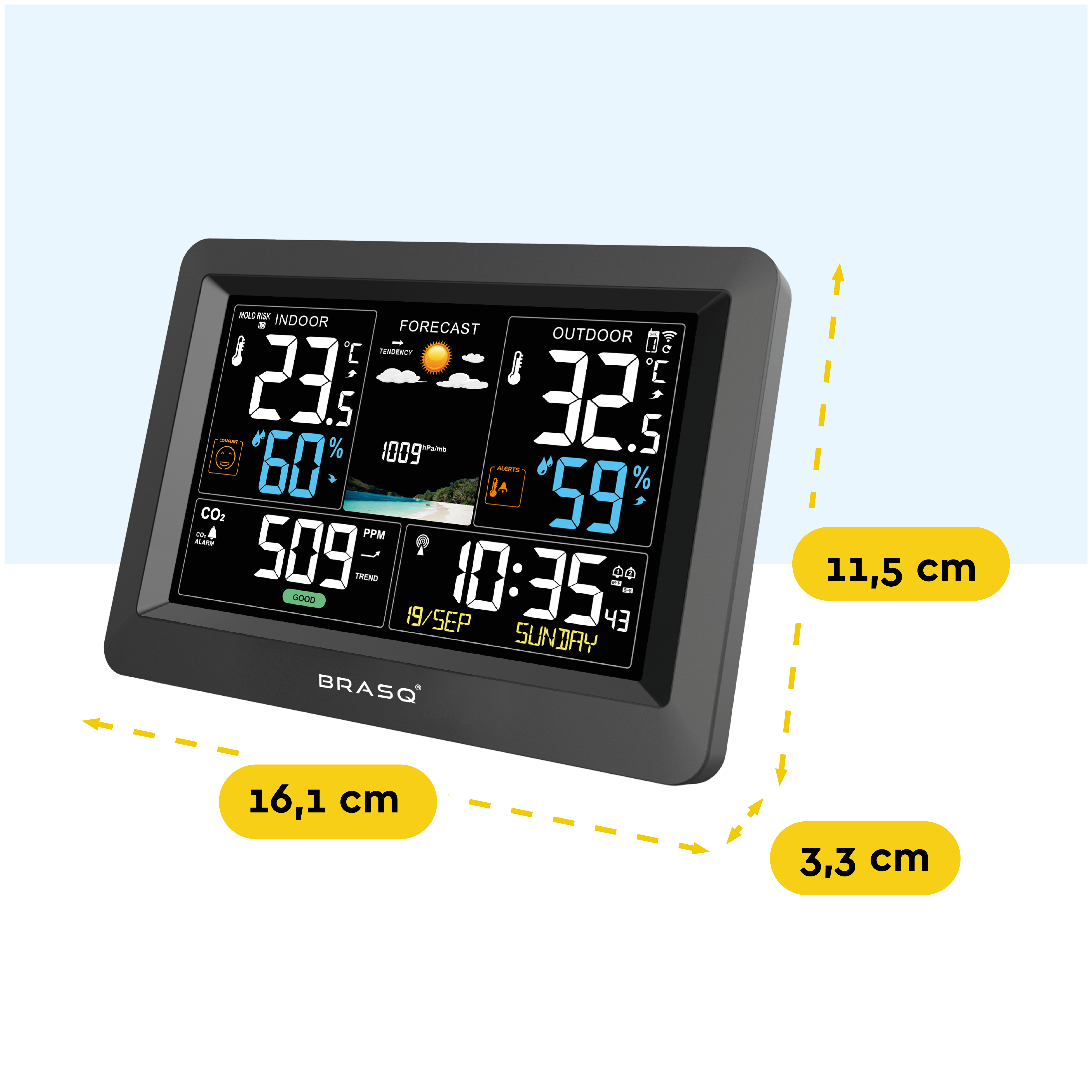 Een zwart weerstation display toont binnen/buiten temp., vochtigheid en weersverwachting.