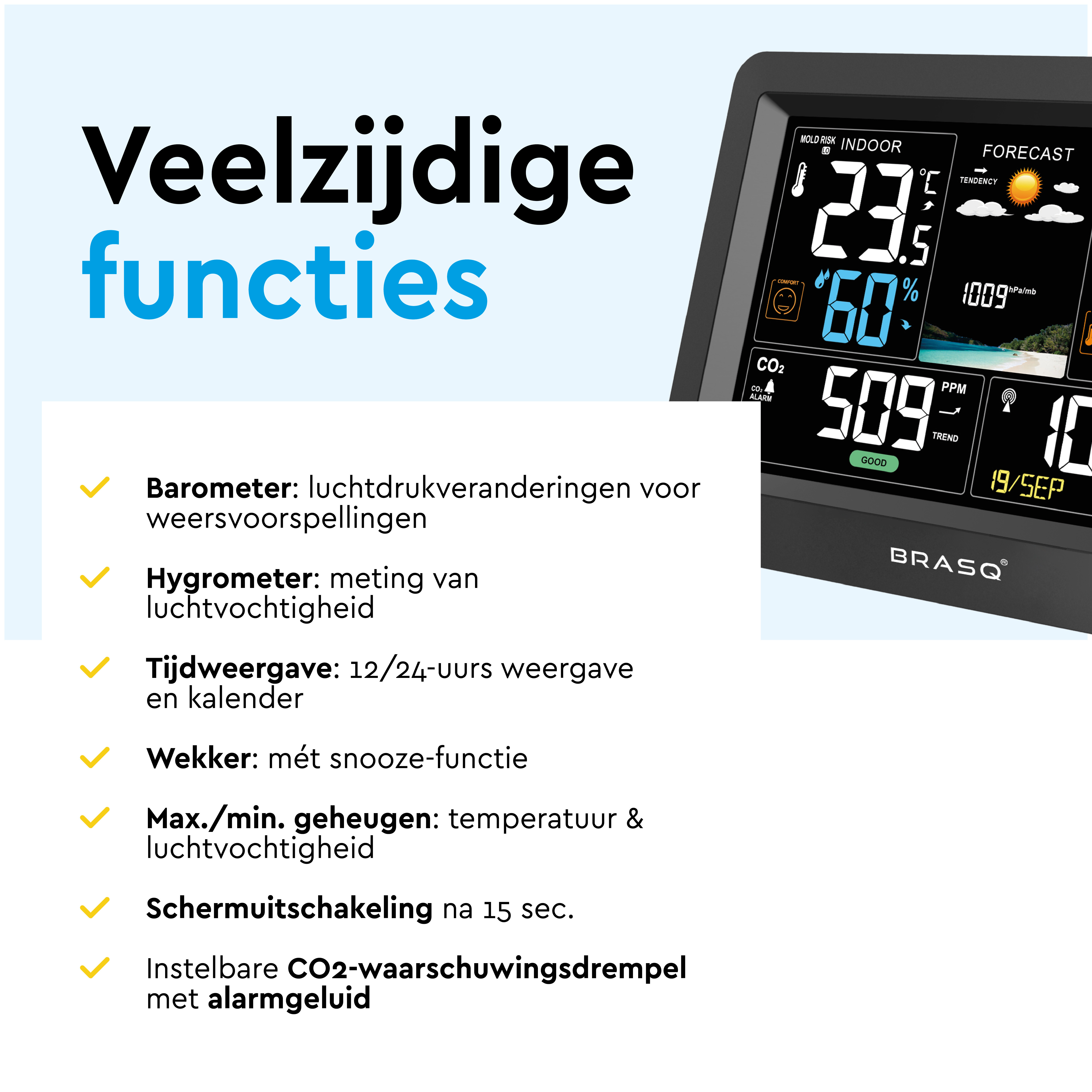 Een veelzijdige digitale weerstation toont temperatuur, vochtigheid en CO2-waarden.