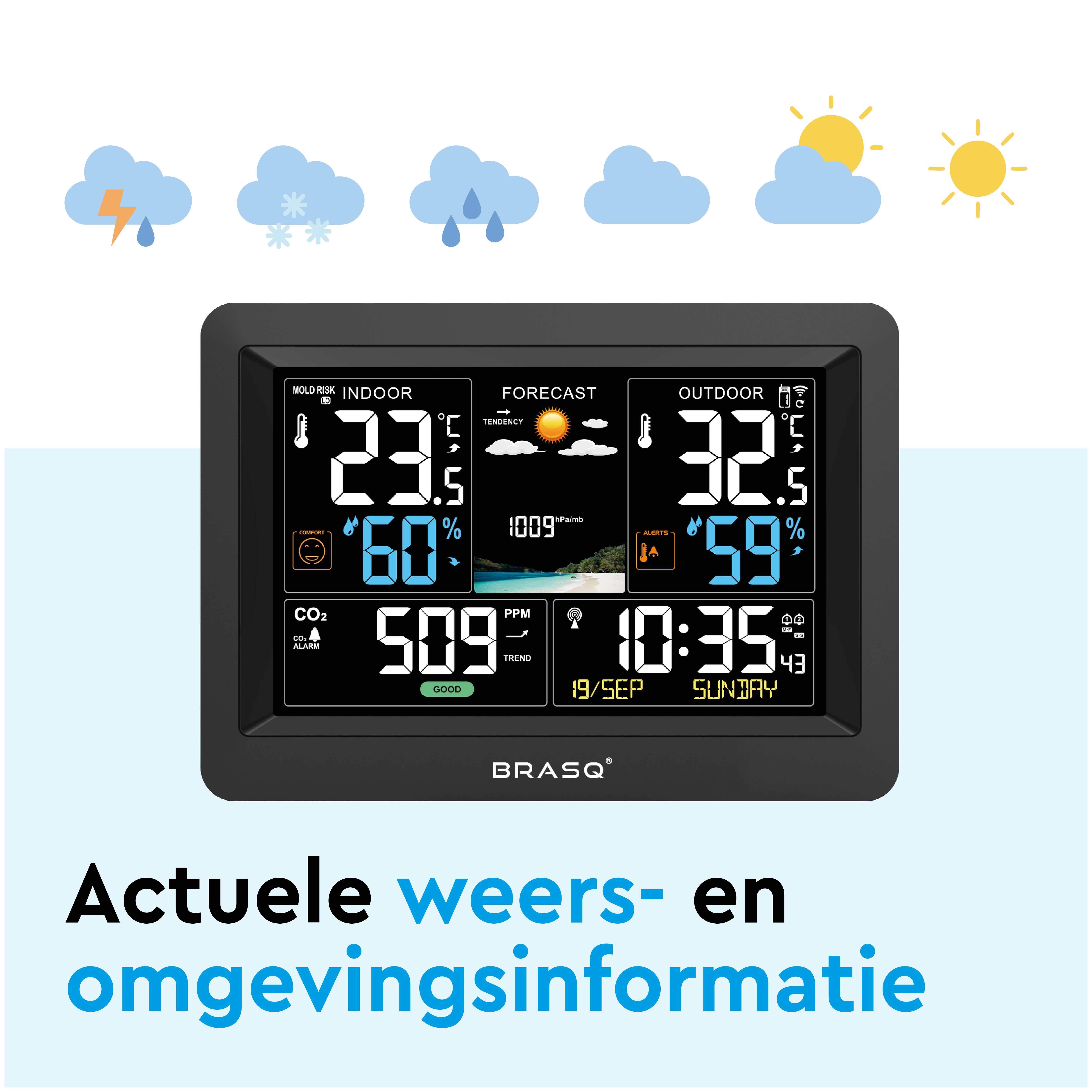 Digitaal weerstation toont binnen-/buitentemp, vochtigheid, CO2, tijd en weersvoorspelling.