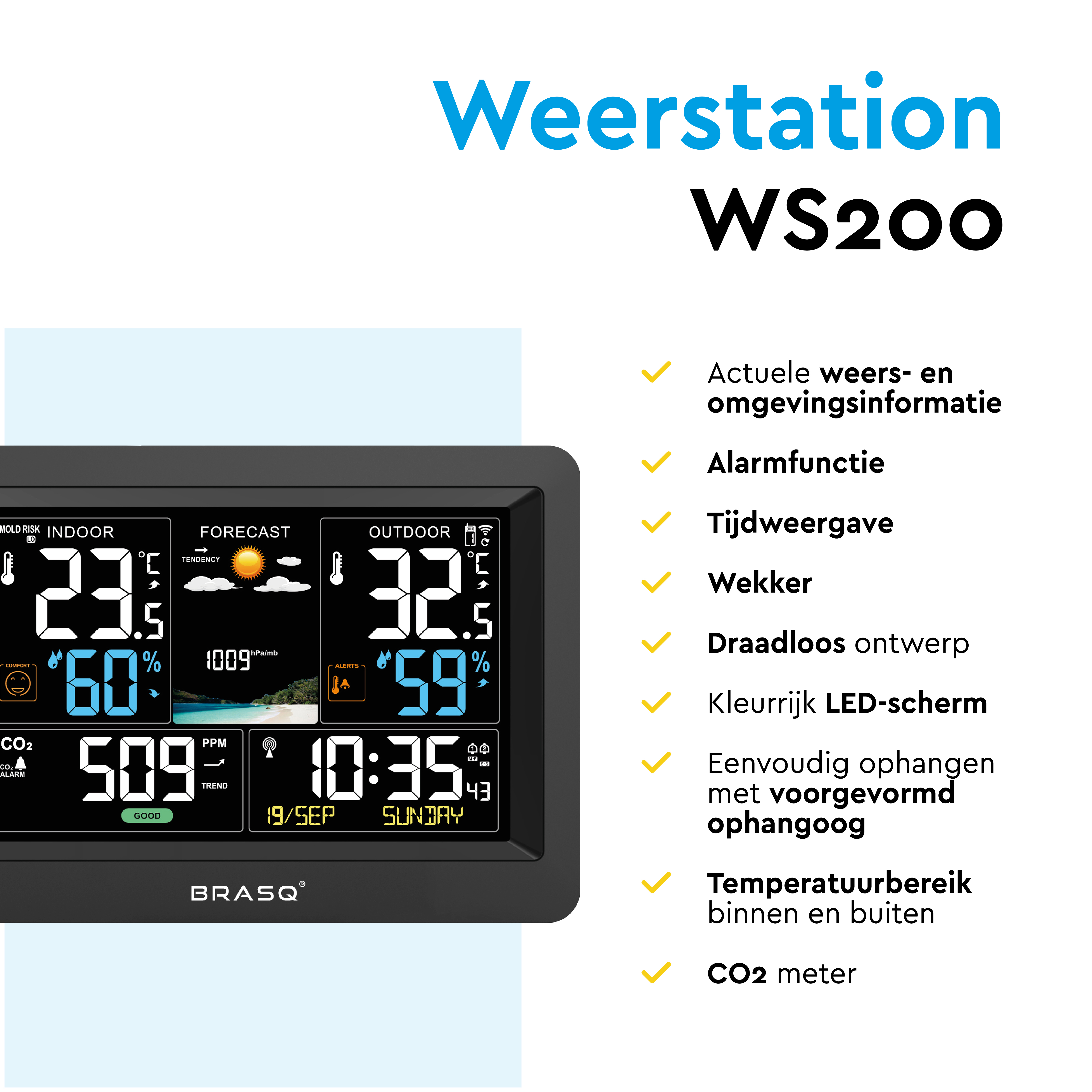 Digitaal weerstation WS200 met binnen-/buitentemp., vochtigheid, tijd en CO2.