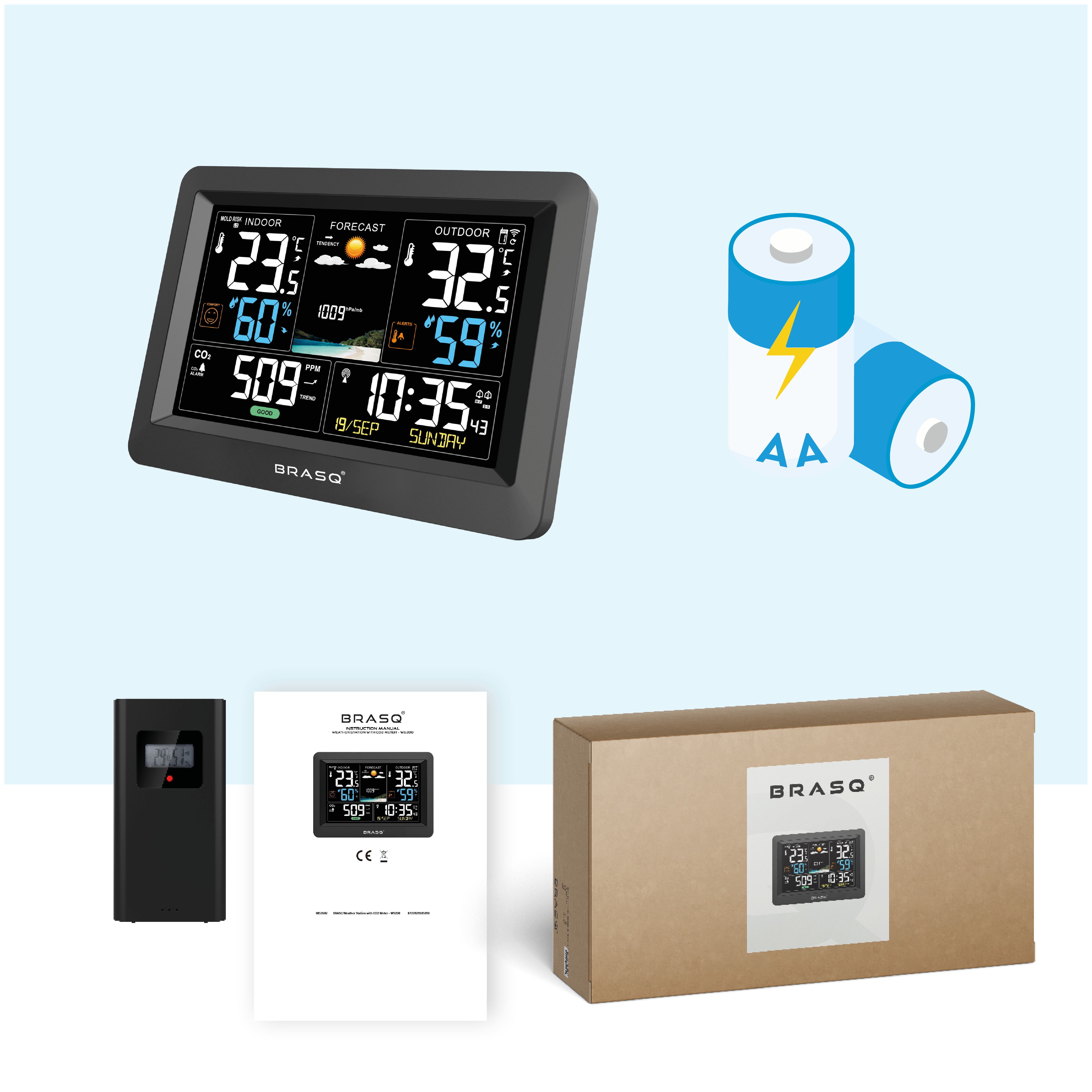 Een weerdisplay, buitensensor, handleiding en productdoos worden getoond.